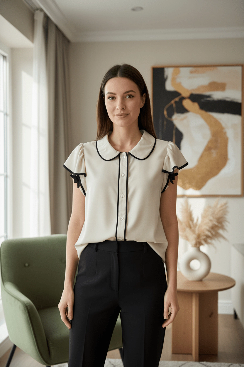 DressAtR Women's Two Tone Flutter Sleeve Collar Button Front Blouse