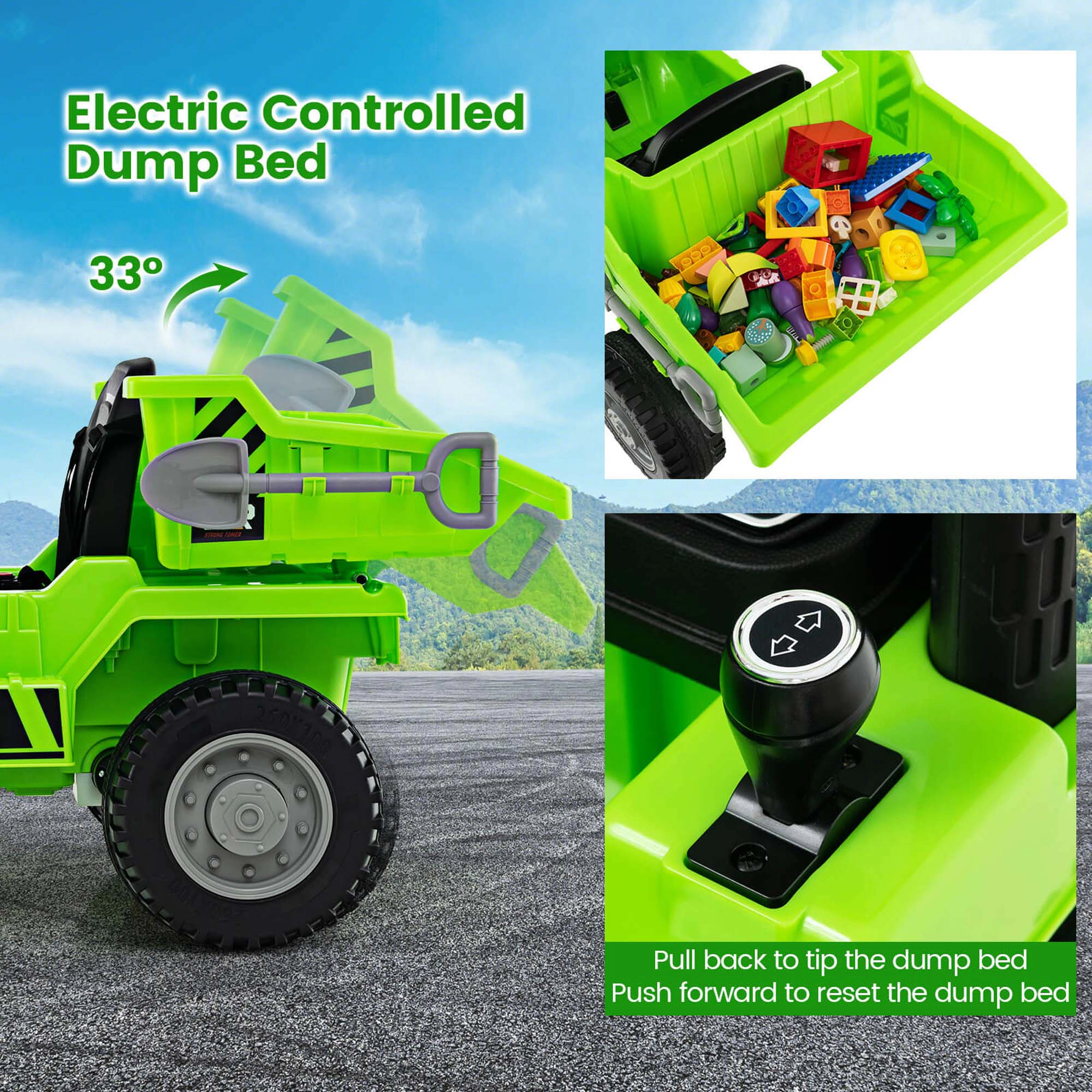 Costway Kids Ride-On Dump Truck with Wireless Connection Music LED Lights Soft Start Green/Yellow