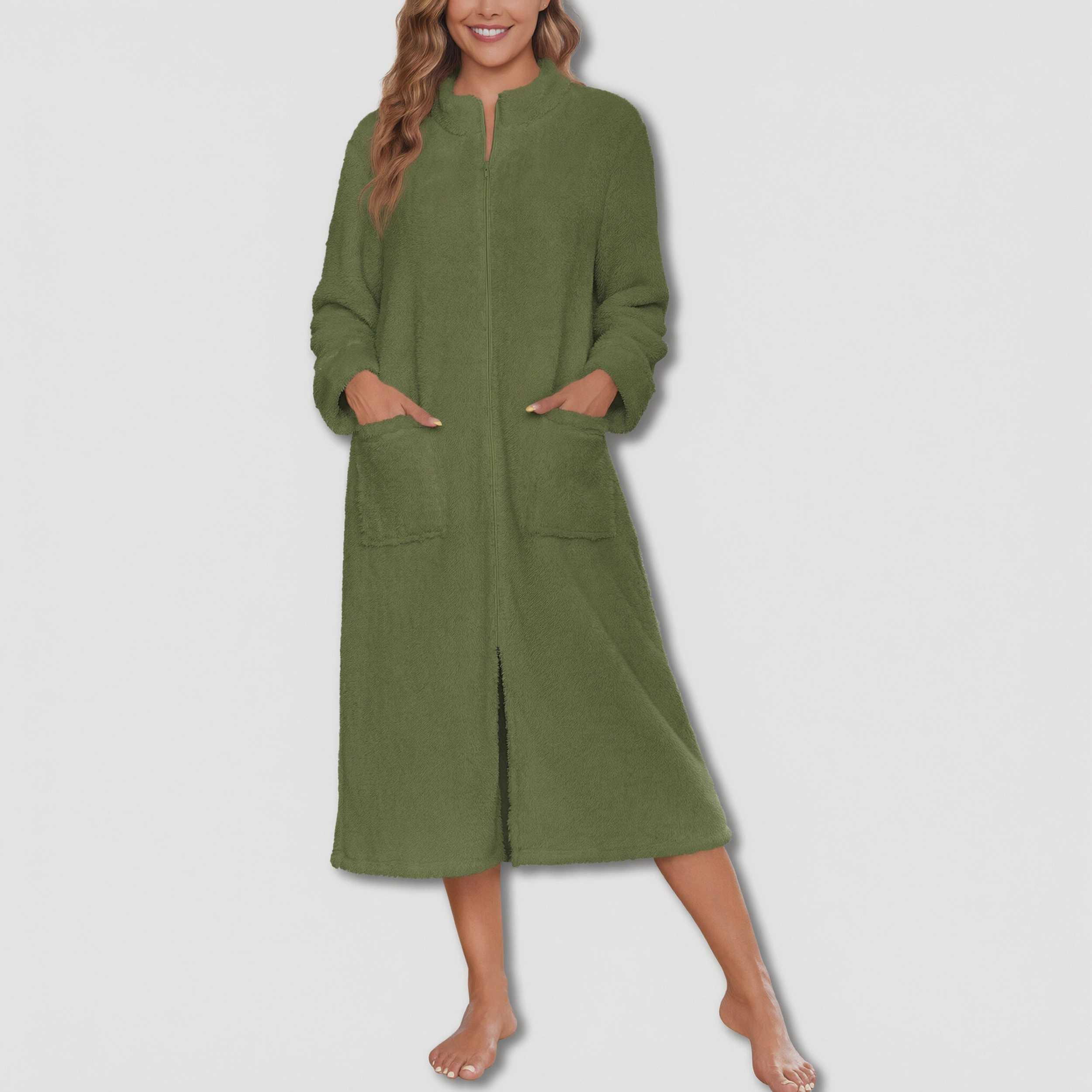 Ekouaer Women's Fleece Zip Up Robe Long Sleepshirt with Pockets