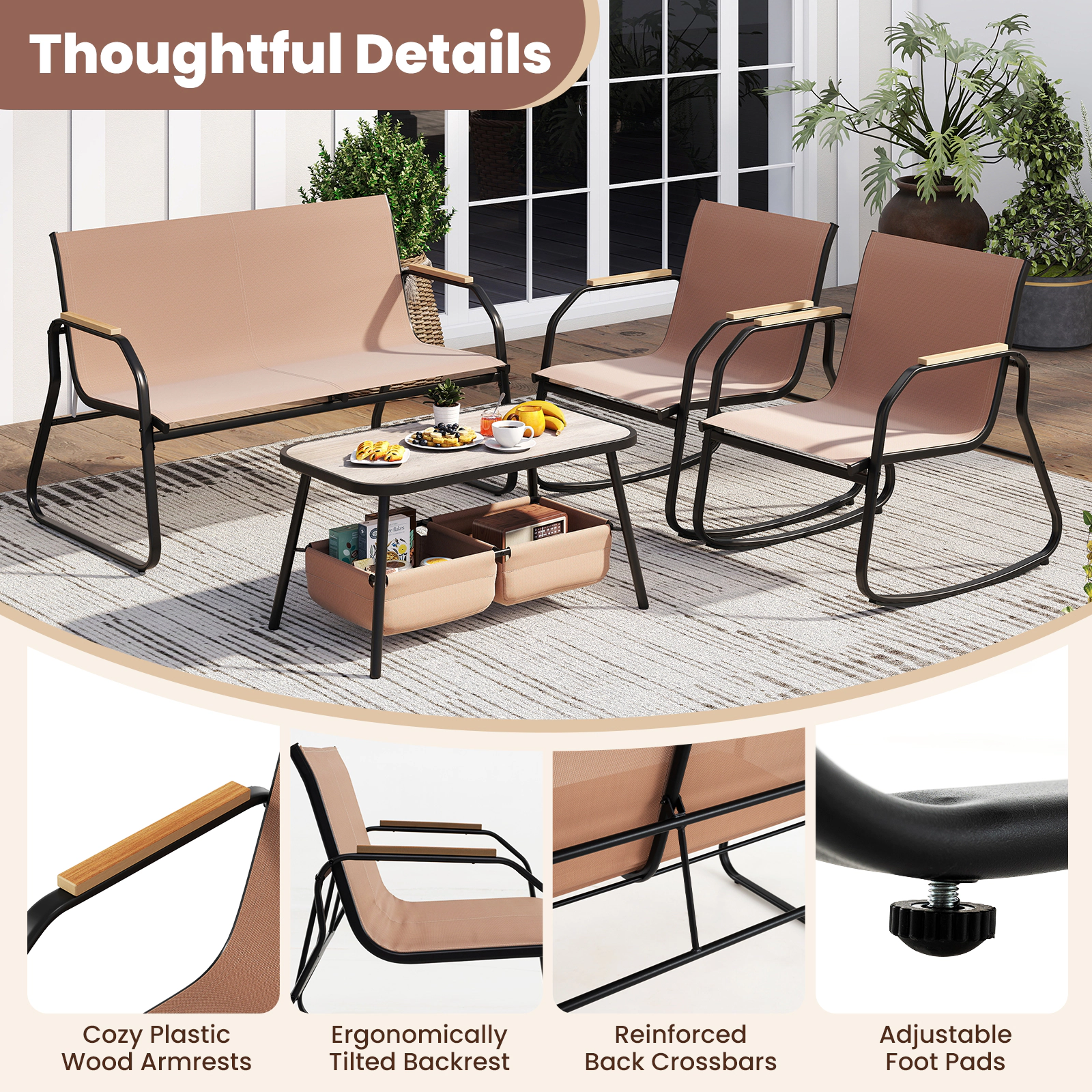 SUGIFT 4 Piece Patio Set Coffee with Rocking Chairs Loveseat and Storage Coffee Table