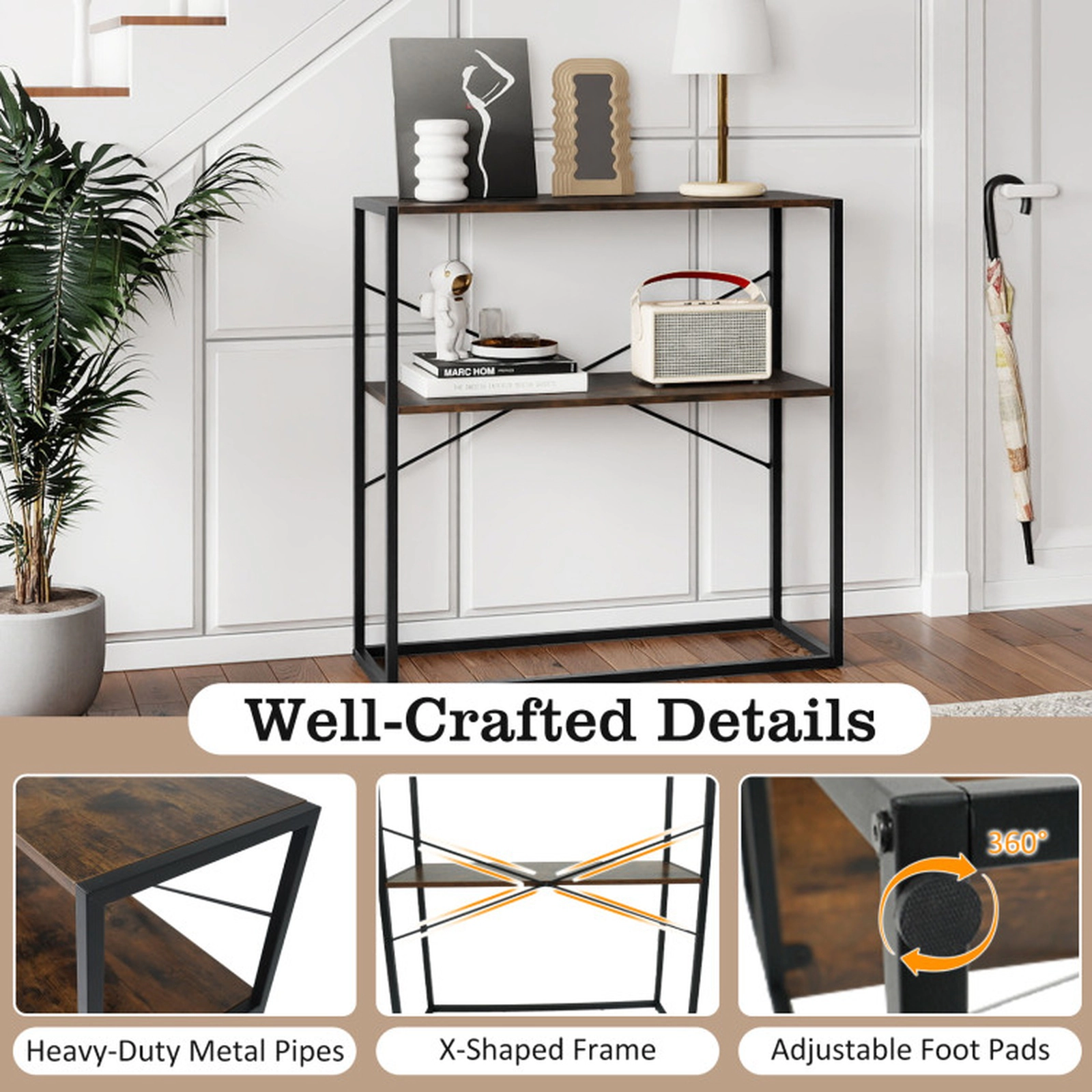 SUGIFT 2-Tier Open Shelves Black Metal X Frame Console Table 36-in x 13-in x 36-in 66-lb per Shelf Rustic Brown