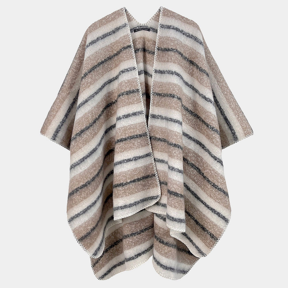 Truedames Women Cozy Striped Three Tone Ruana Poncho