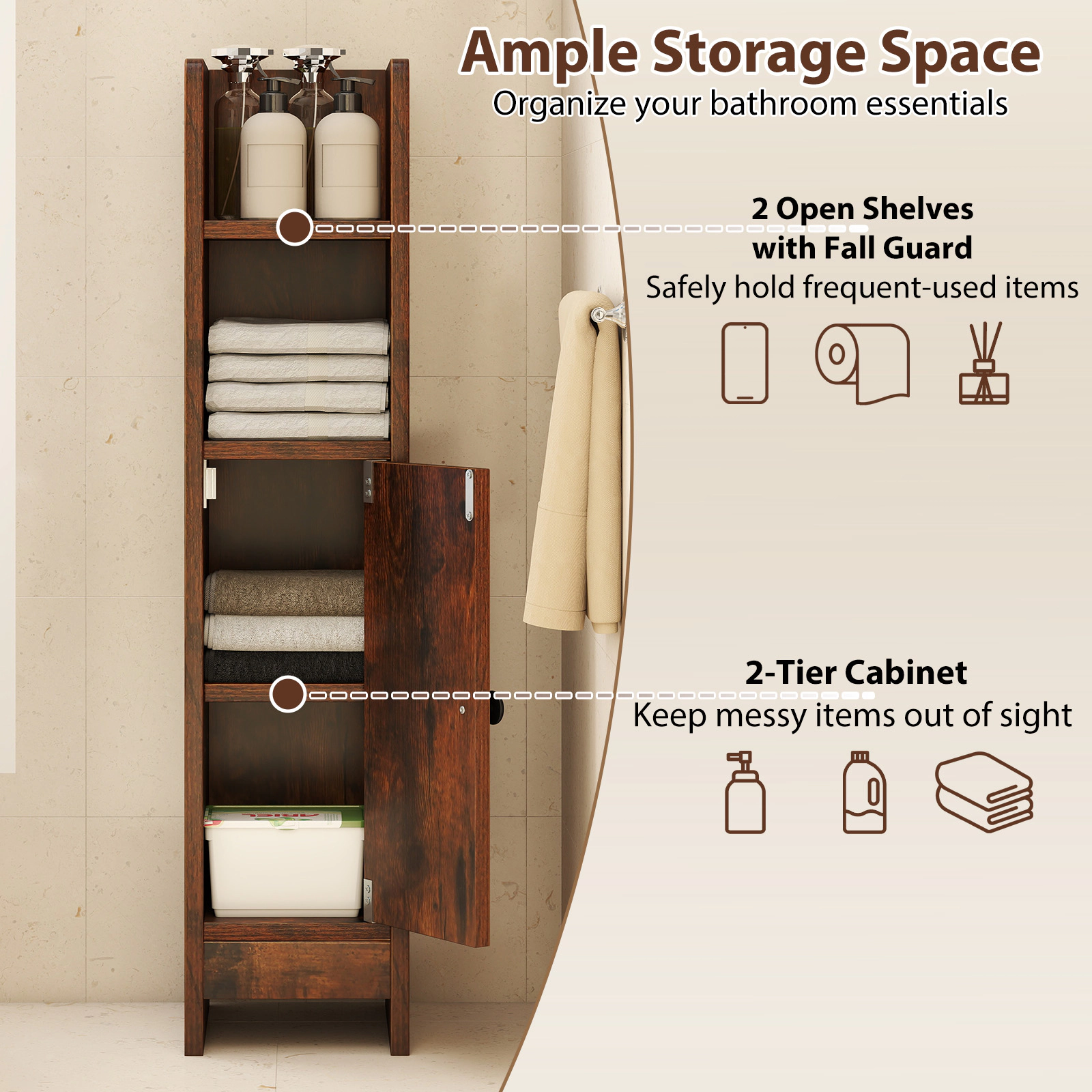 SUGIFT Slim Corner Bathroom Floor Cabinet with Door and Adjustable Shelf 31.5-in Tall 44-lb Capacity Rustic Brown