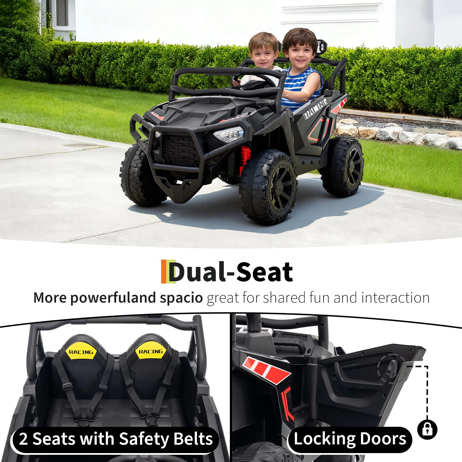 24V 2-Seater Electric UTV for Big Kids, 4-Wheeler Suspension,3 Speeds, Remote, Bluetooth, Lights