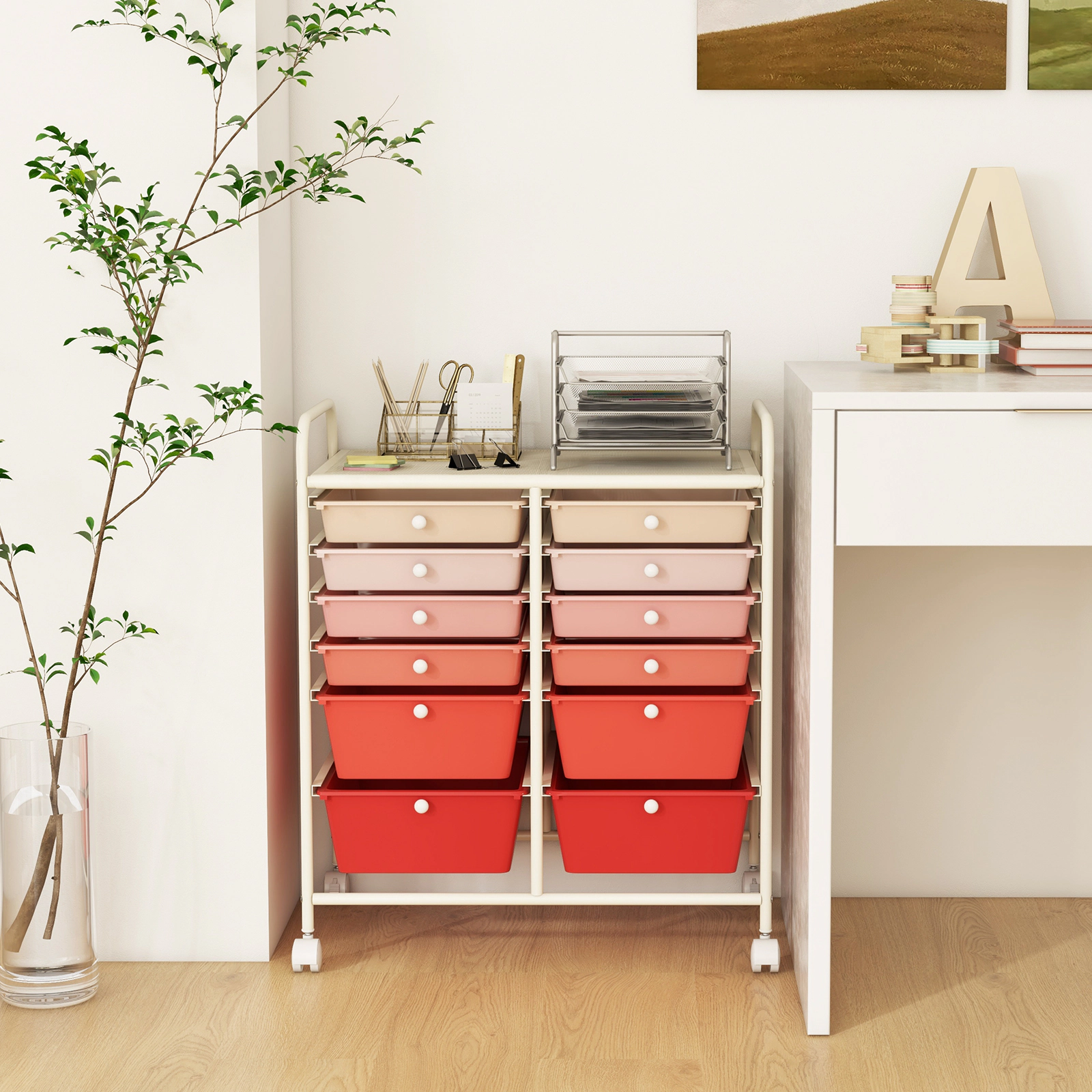 SUGIFT 12-Drawer Rolling Storage Cart with Removable Drawers and 23-in Top Pink