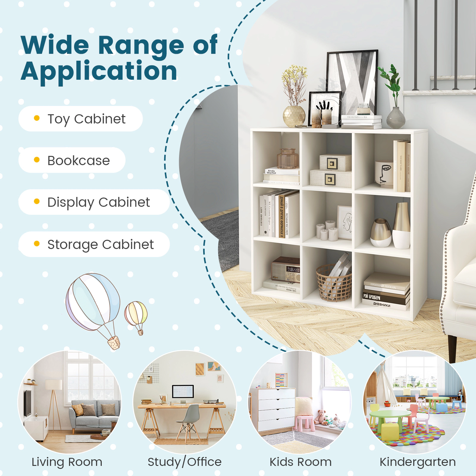 SUGIFT Kids 9-Cube Storage Cubbies Anti-Toppling Wooden Toy Bookcase 35.5-in x 11.5-in x 35.5-in 155-lb Top White