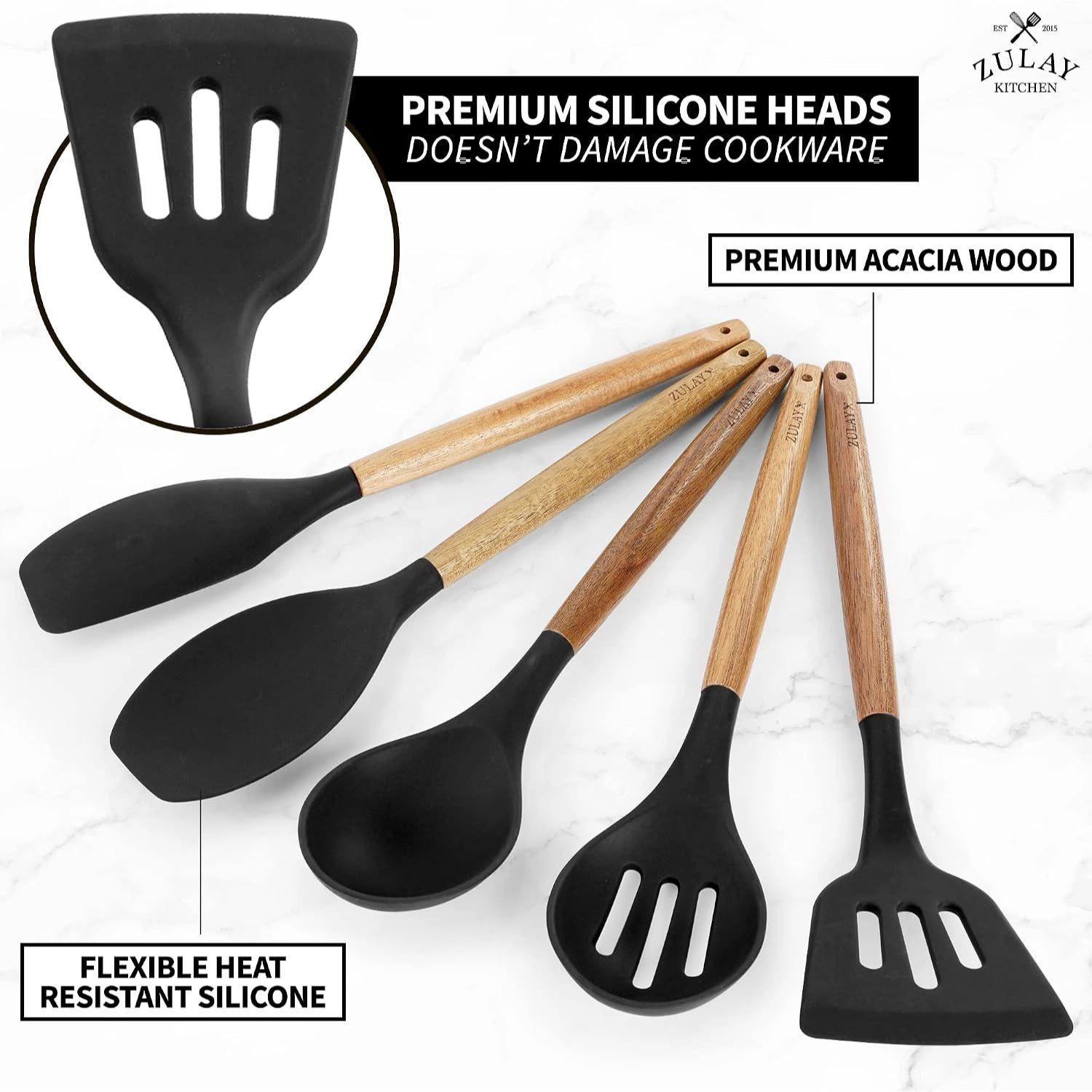 Zulay Kitchen Utensils Set Non-Stick Silicone Cooking with Authentic Acacia Wood Handles 5 Piece