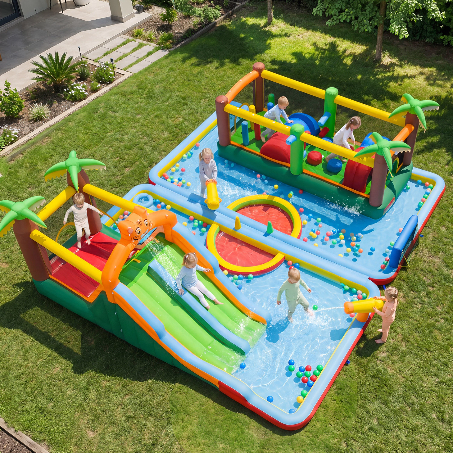 LJG Kids Tiger Inflatable Water Park Obstacle Bounce House with 2 Blower
