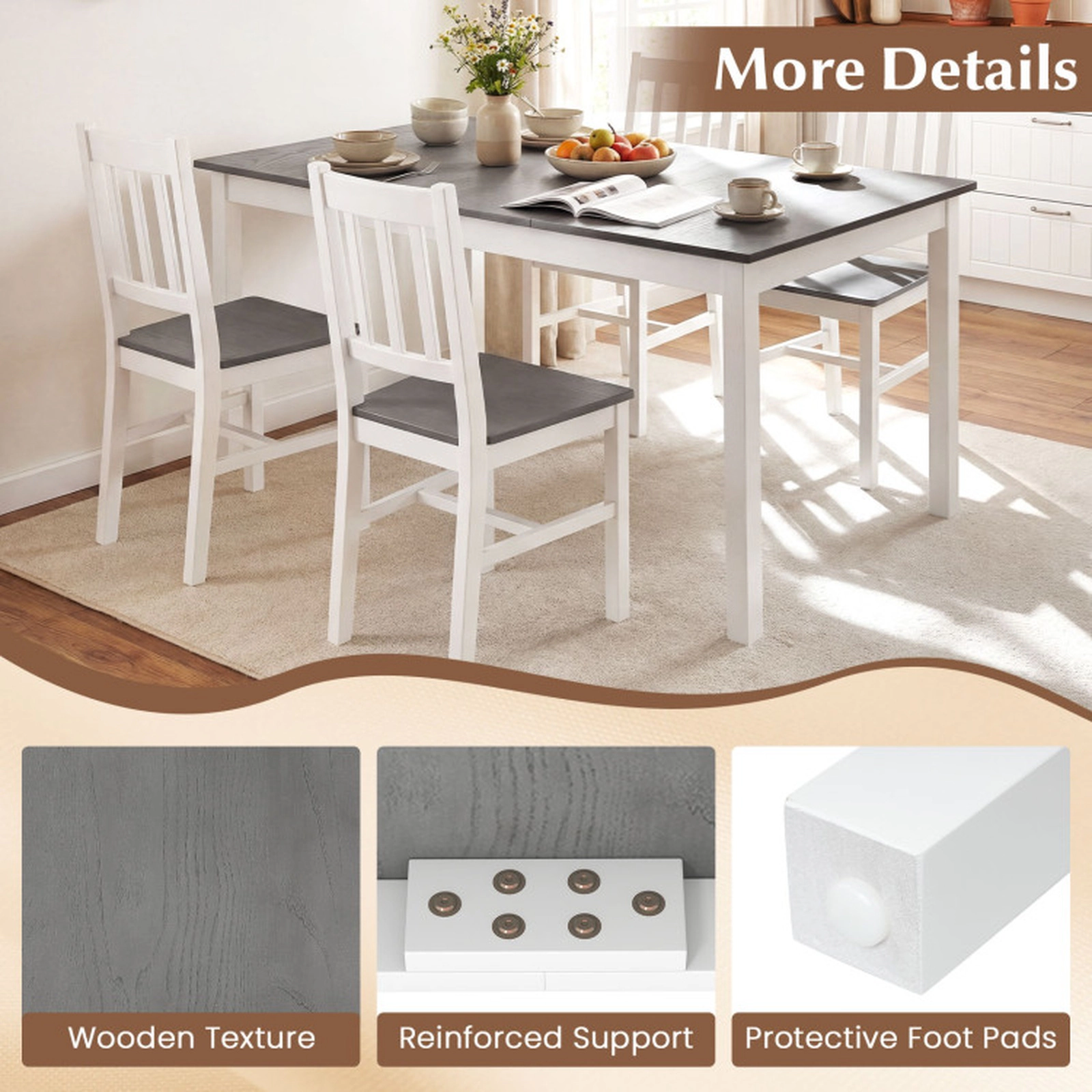 SUGIFT 60-in Gray Rectangular Wood Dining Table for 6 with White Rubber Wood Legs