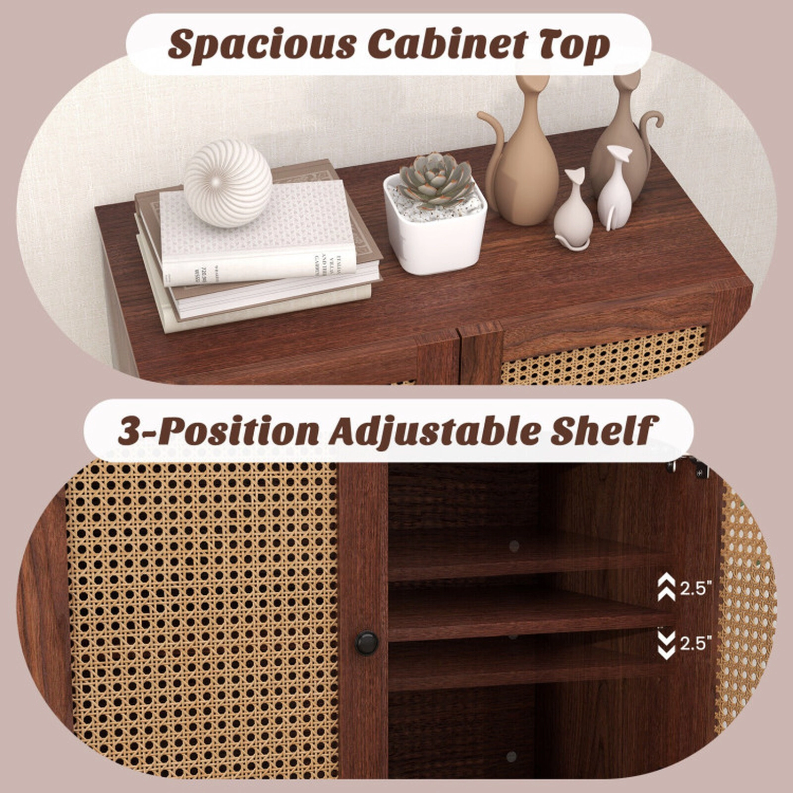 SUGIFT 31.5-in 135-lb Tabletop Walnut Sideboard with 2 Rattan-Decorated Doors Adjustable Shelf and Metal Legs