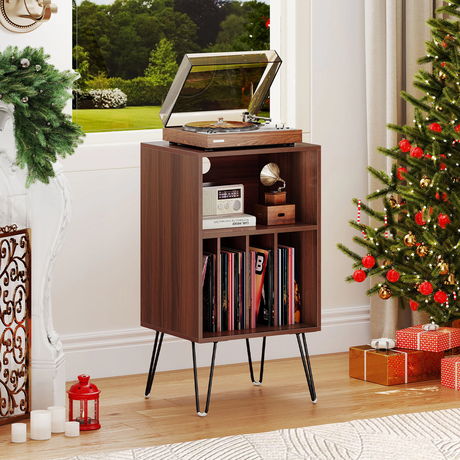 SUGIFT Walnut 3-Tier Record Player Stand with Vinyl Storage and Charging Station