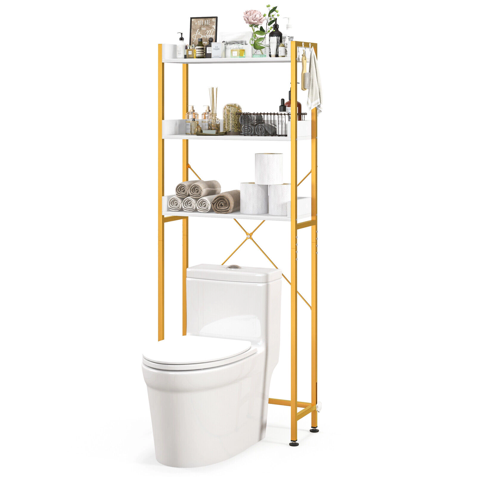 SUGIFT Over the Toilet Storage Rack White with 4 Side Hooks and Adjustable Bottom Bar