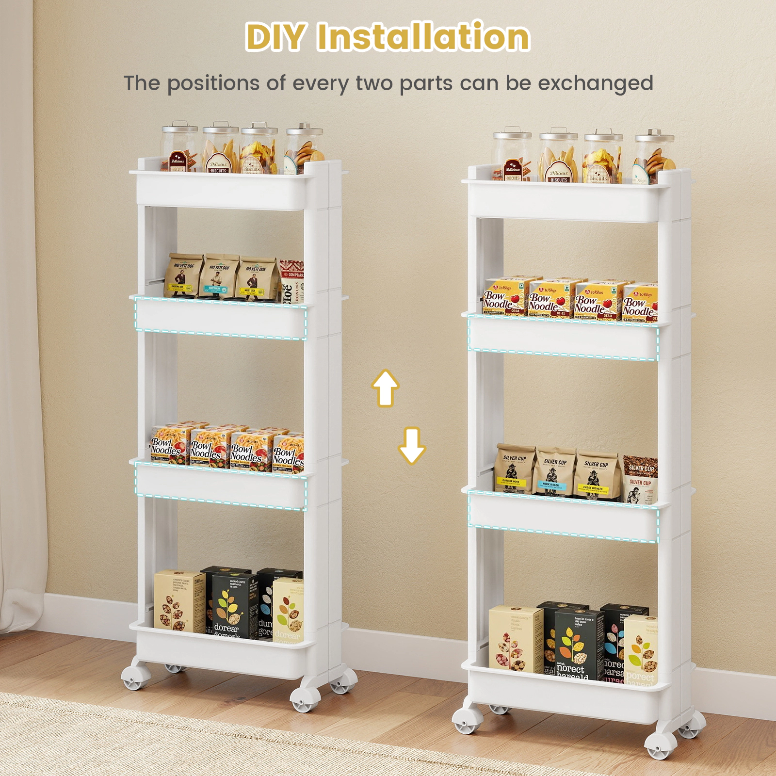 SUGIFT 4-Tier Rolling Utility Cart White with Detachable Trays and Smooth Wheels