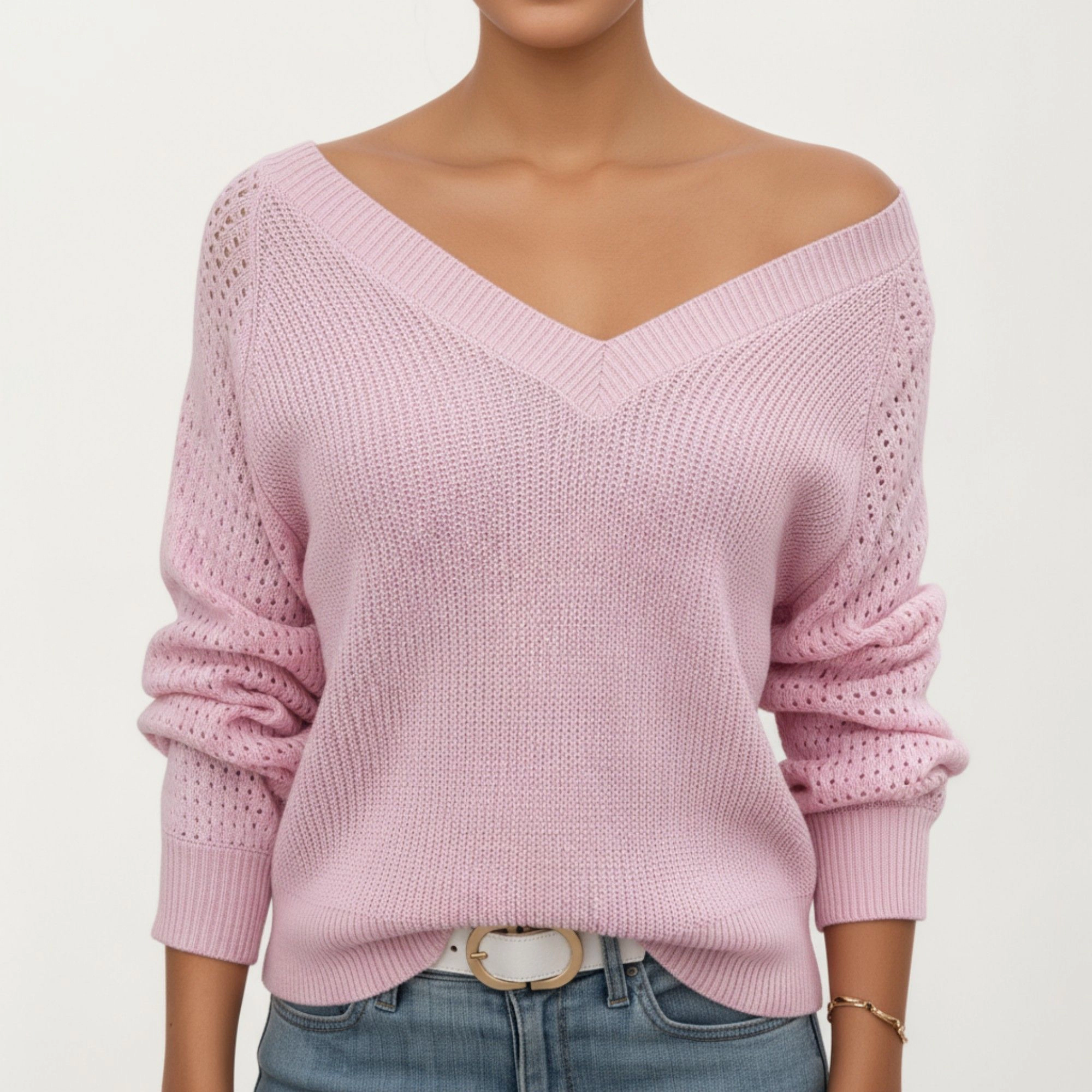 Anna-Kaci Women's Pointelle Sleeve Off Shoulder Relaxed Fit Knit Sweater