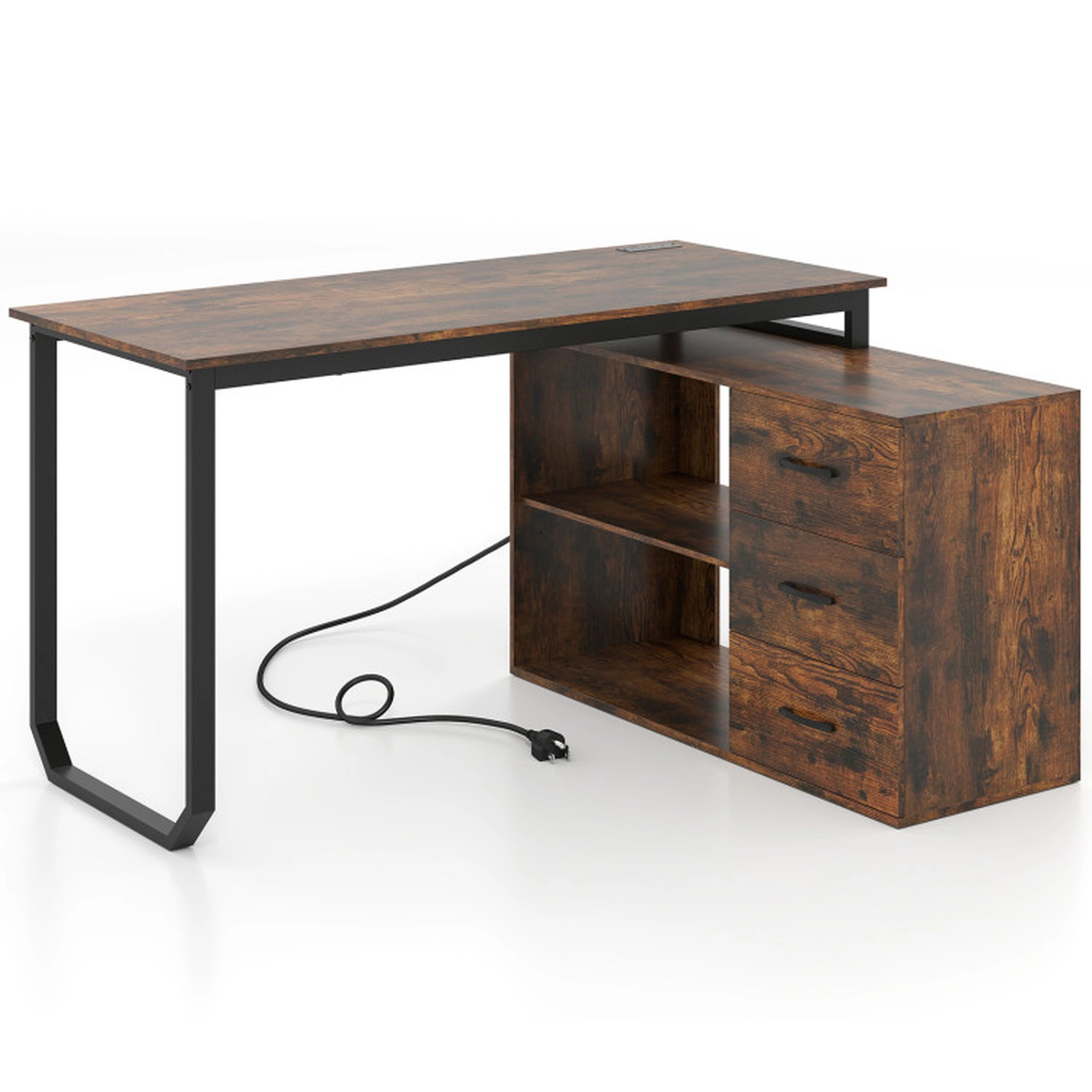 SUGIFT 110-lb Capacity Rustic Brown 55-in Reversible L-Shaped Desk with 3 Drawers and Adjustable Shelf