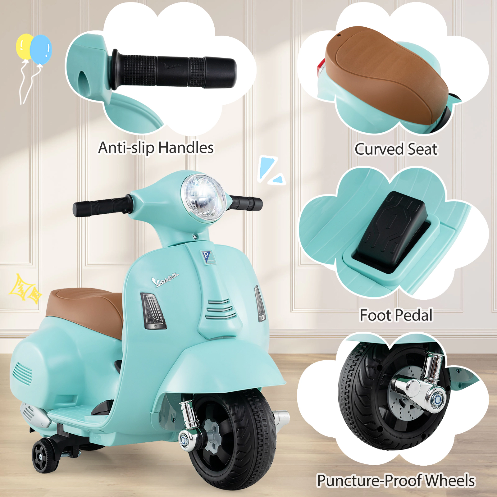 SUGIFT 6V 55-lb Capacity Green Kids Ride On Motorcycle Scooter with Training Wheels LED Headlight and Horn