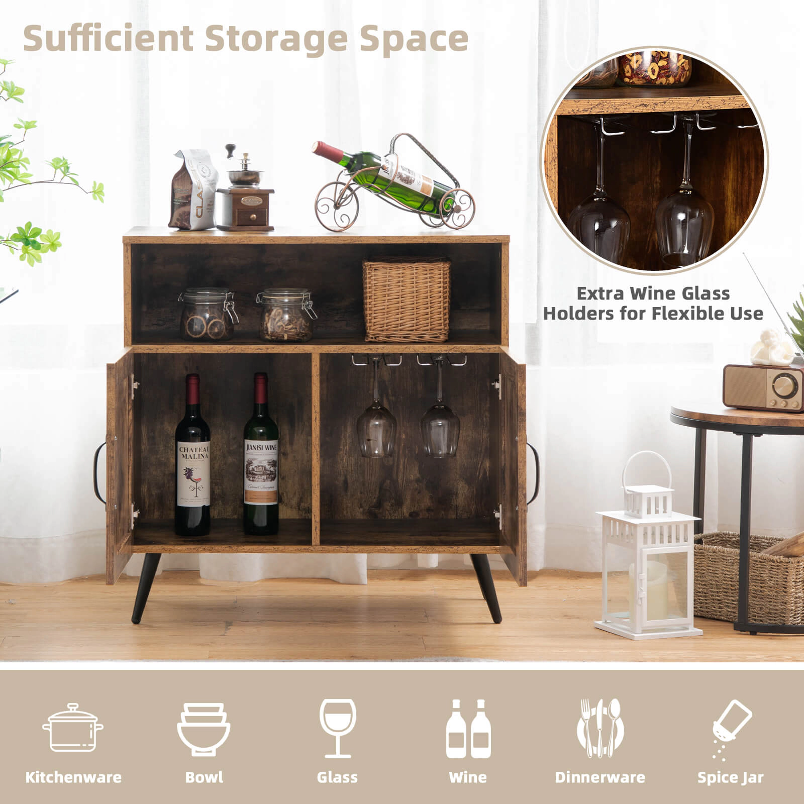 Slickblue Sideboard Storage Cabinet with Wine Glass Rack and Open Shelf Organizer