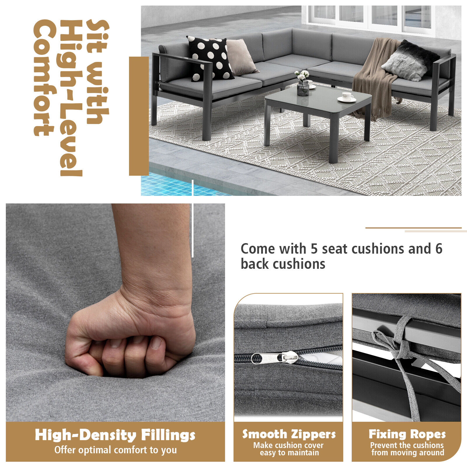 SUGIFT 3-Piece 990-lb Capacity 6-Level Reclining Gray Aluminum Outdoor Patio Sofa Set with Glass Coffee Table