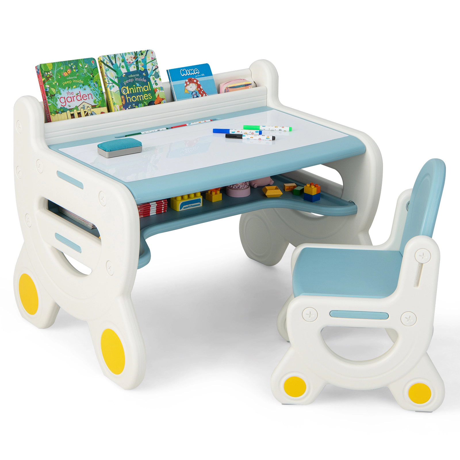 SUGIFT Kids Drawing Table and Chair Set with Watercolor Pens and Blackboard Eraser 110-lb Chair Capacity Ages 3-8 Blue