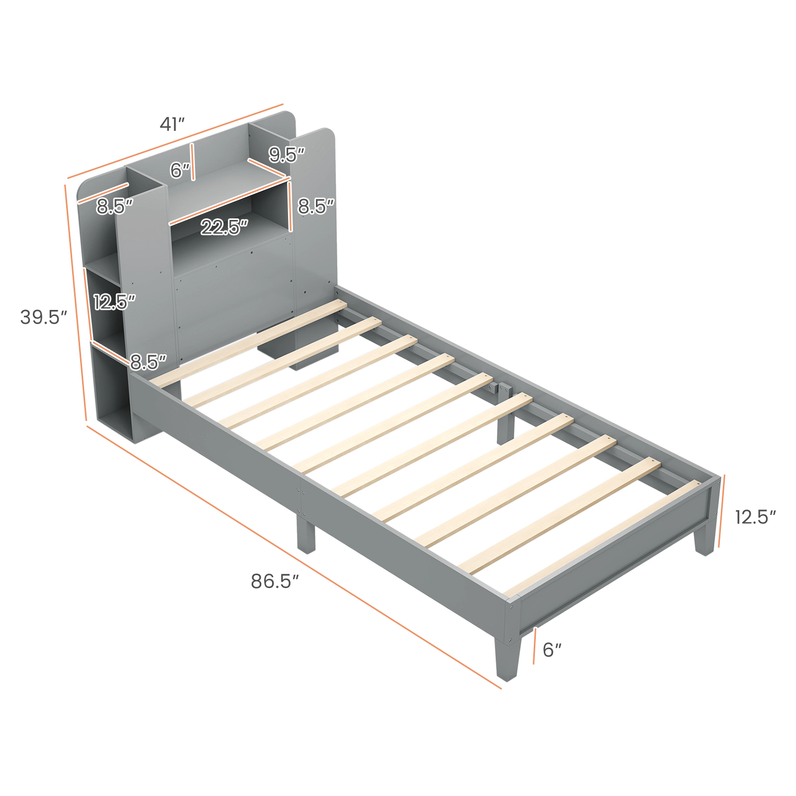 SUGIFT Twin Size Wooden Platform Bed Frame with Bookcase Headboard 400-lb Capacity 6-in Under-Bed Storage White/Gray