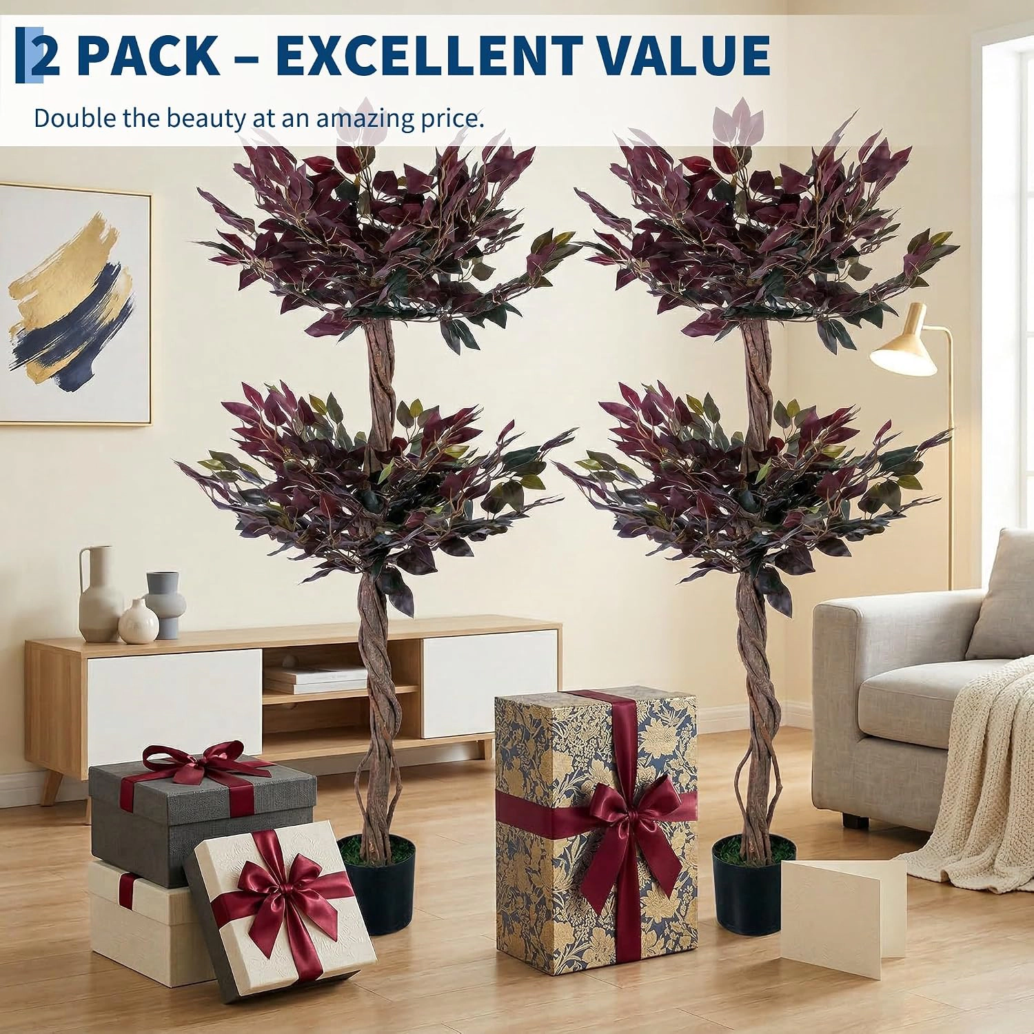 2 Pack Artificial Ficus Tree 5FT Tall, Purple Potted Faux Plant with Cement Planter and Moss