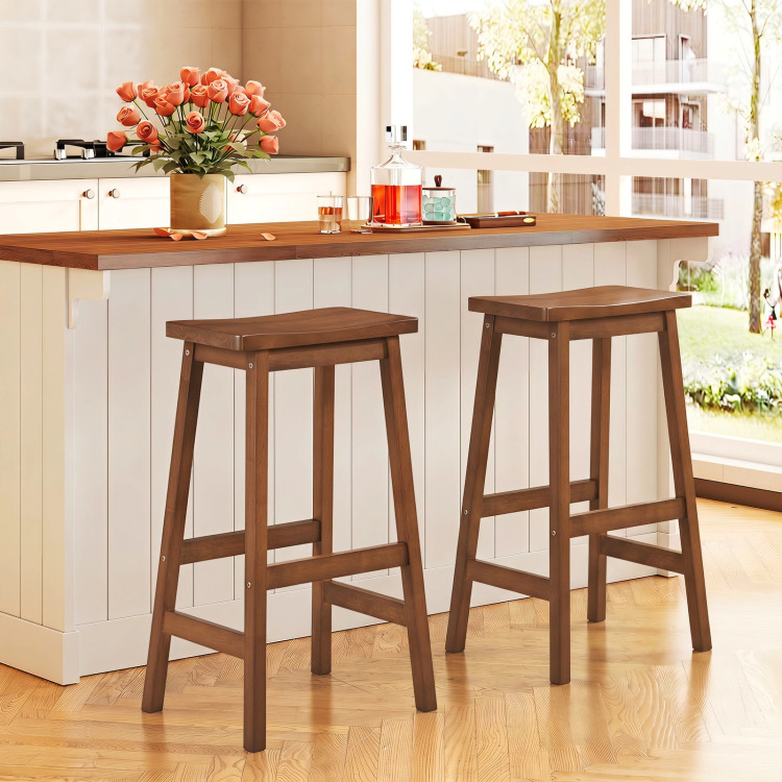 SUGIFT Set of 2 29 in. Backless Walnut Wood Saddle Bar Stools with Footrests, 330 lb Capacity