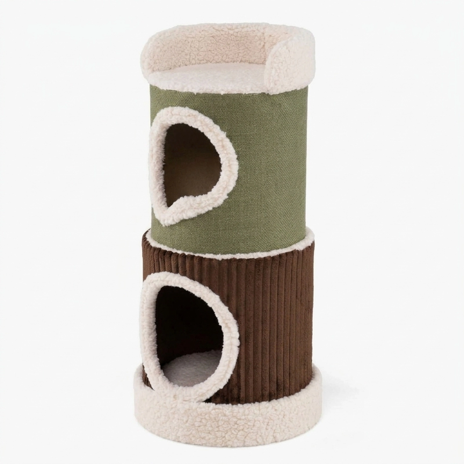 SUGIFT Barrel Cat House with Top Perch Double Condos 22-lb Capacity Indoor Cat House 16 x 33.5 in Green Brown Beige