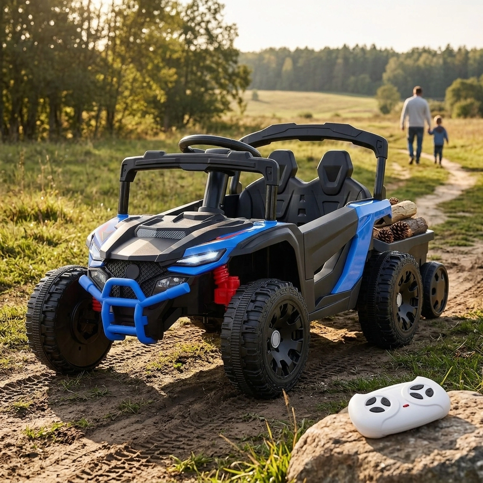 12V Kids Ride On Tractor with Detachable Trailer Parent Remote LED Headlights and Seat Belt Ages 3+ Black and Blue