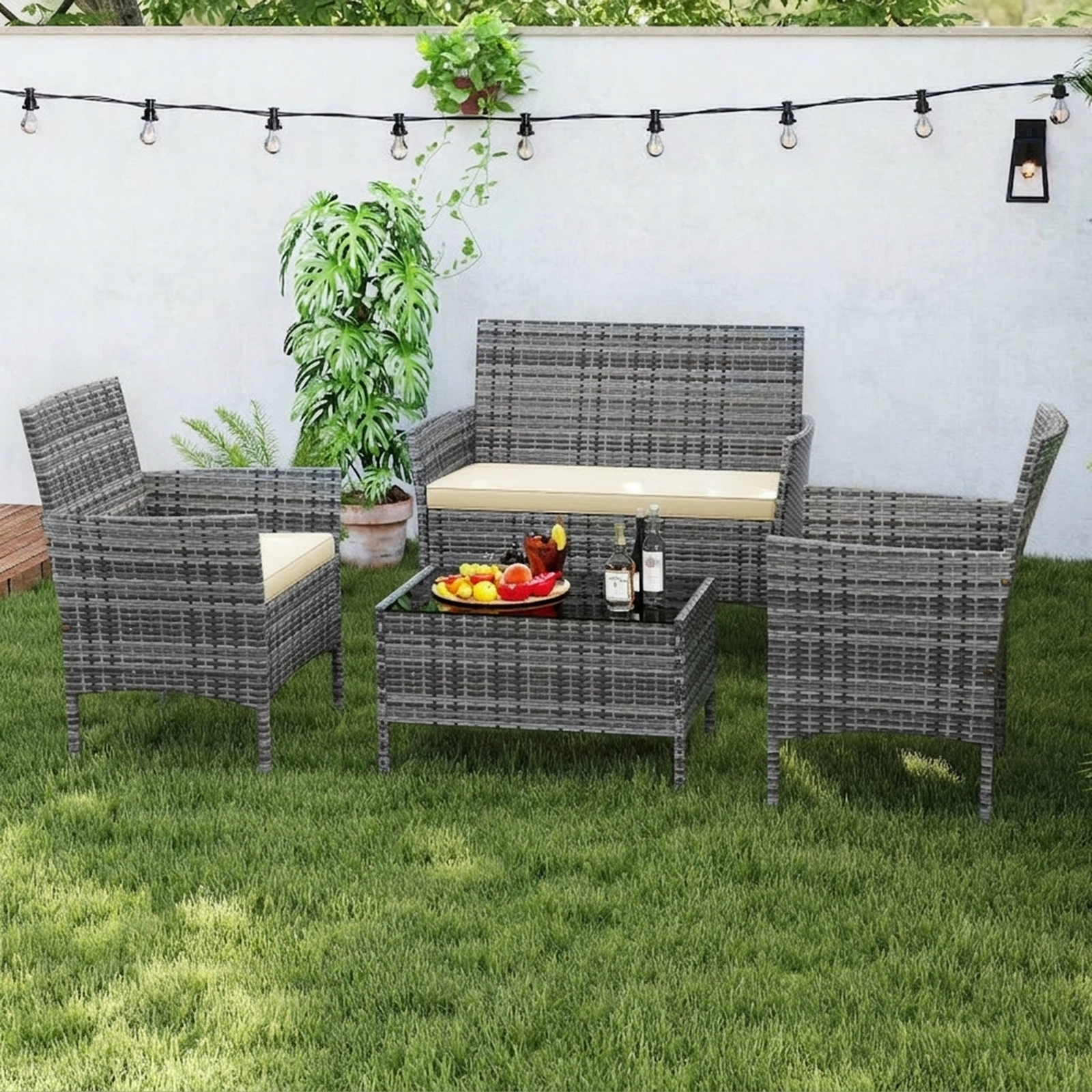 SUGIFT Rattan Conversation Set Tempered Glass Coffee Table 800-lb Loveseat 400-lb Chairs 110-lb Table Capacity Beige