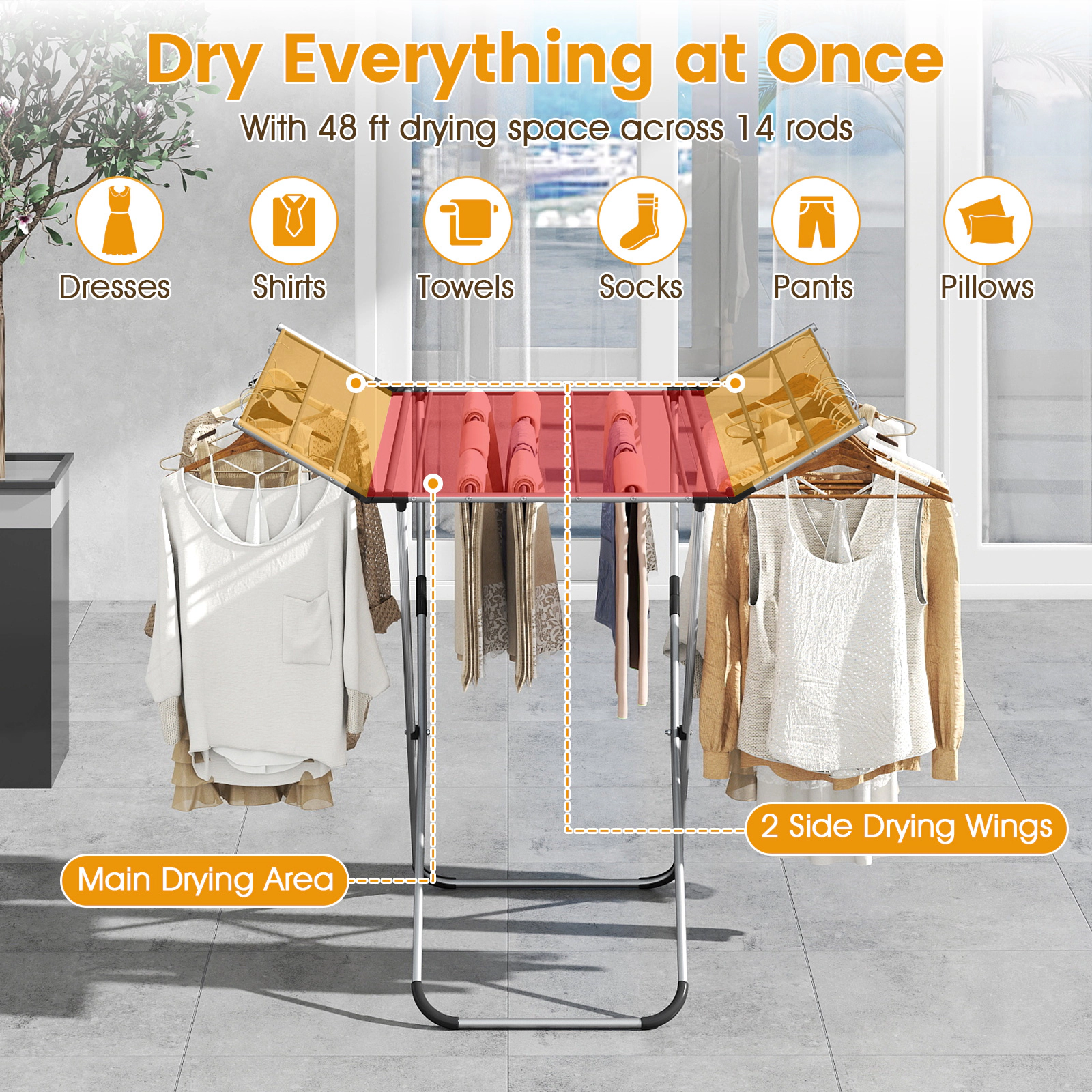SUGIFT Silver Folding Aluminum Clothes Drying Rack with 2 Side Wings 14 Rods and 60-ft Hanging Space