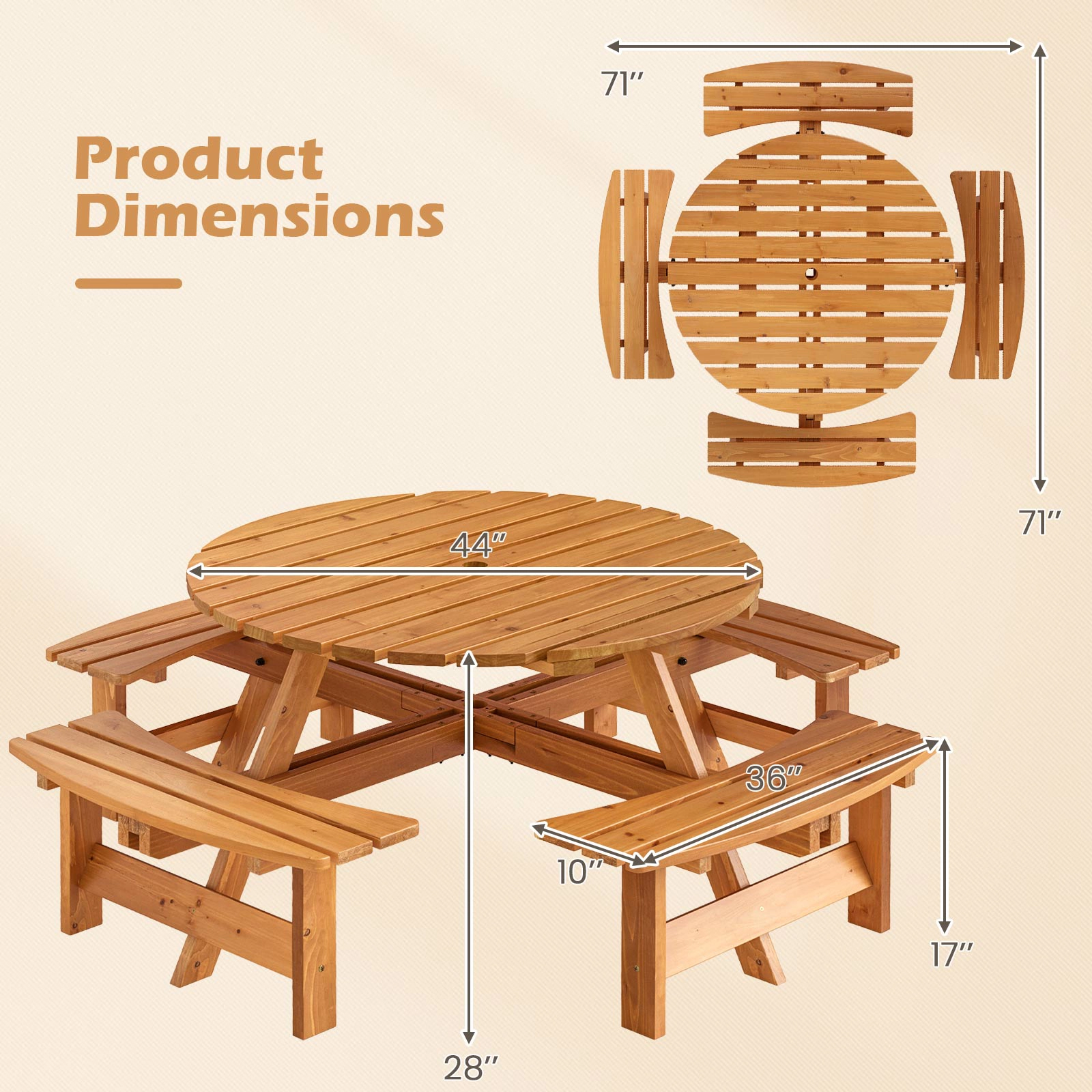 SUGIFT 8-Person Round Fir Wood Picnic Table with 4 Benches and Umbrella Hole