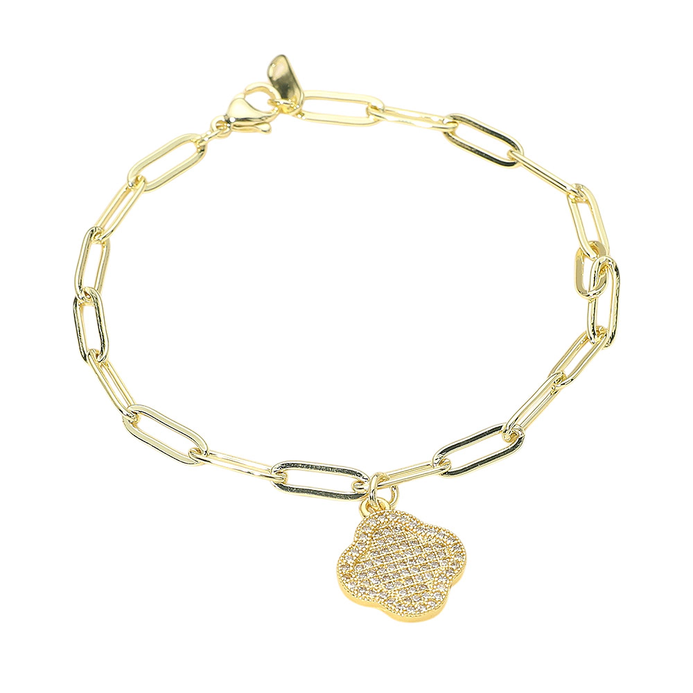 FASHNZFAB Stainless Steel Rhinestone Pave Quatrefoil Charm Paperclip Chain Link Bracelet