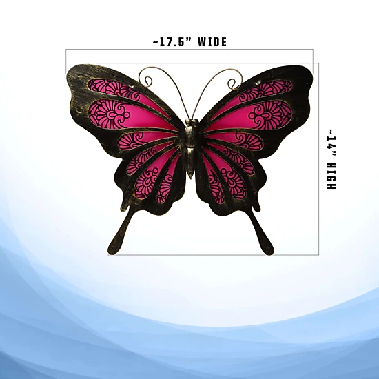 G128 Hand-Painted Pink Butterfly Metal Wall Art - 12 x 9 in Indoor Outdoor Wall Hanging