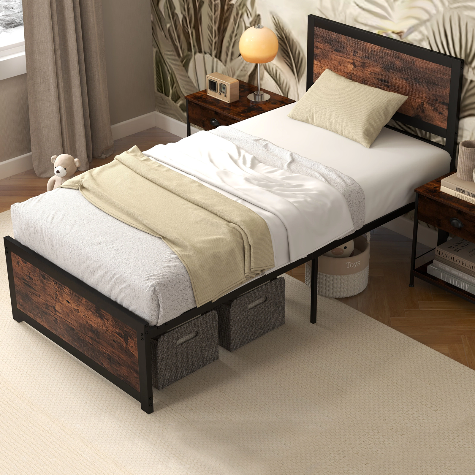 LJG Twin Size Bed Frame Metal with High Headboard and Mute Bars