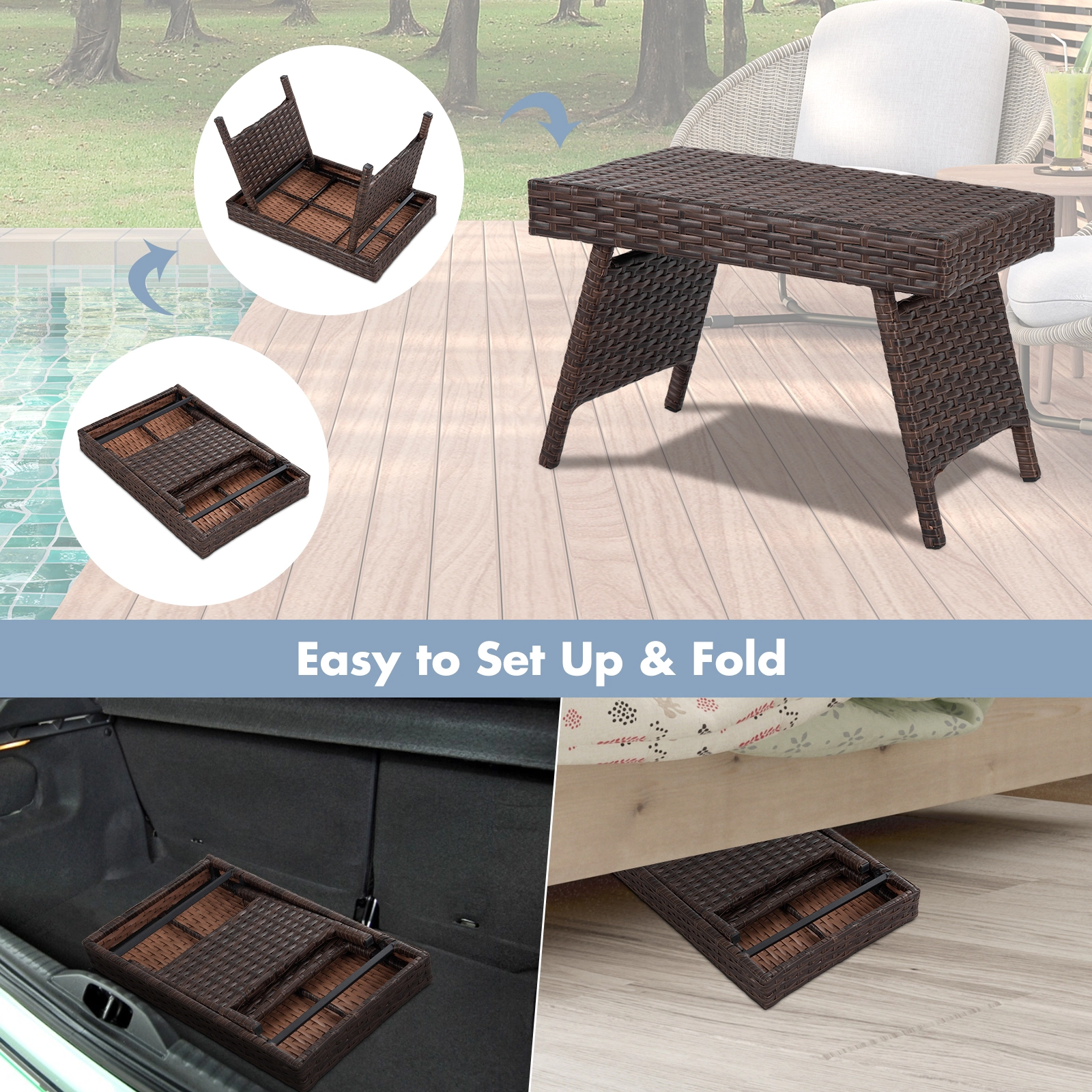 SUGIFT Folding Patio Side Coffee Table Brown Gradient Rattan-Style