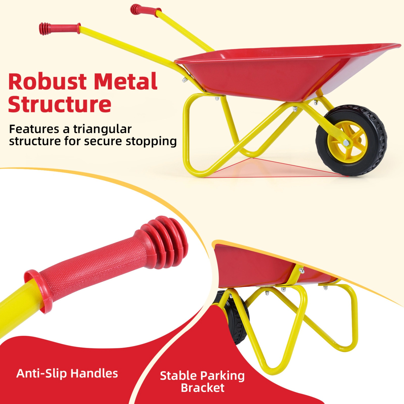 SUGIFT Red All-Terrain Wheel and Anti-Slip Handles Kids Metal Wheelbarrow