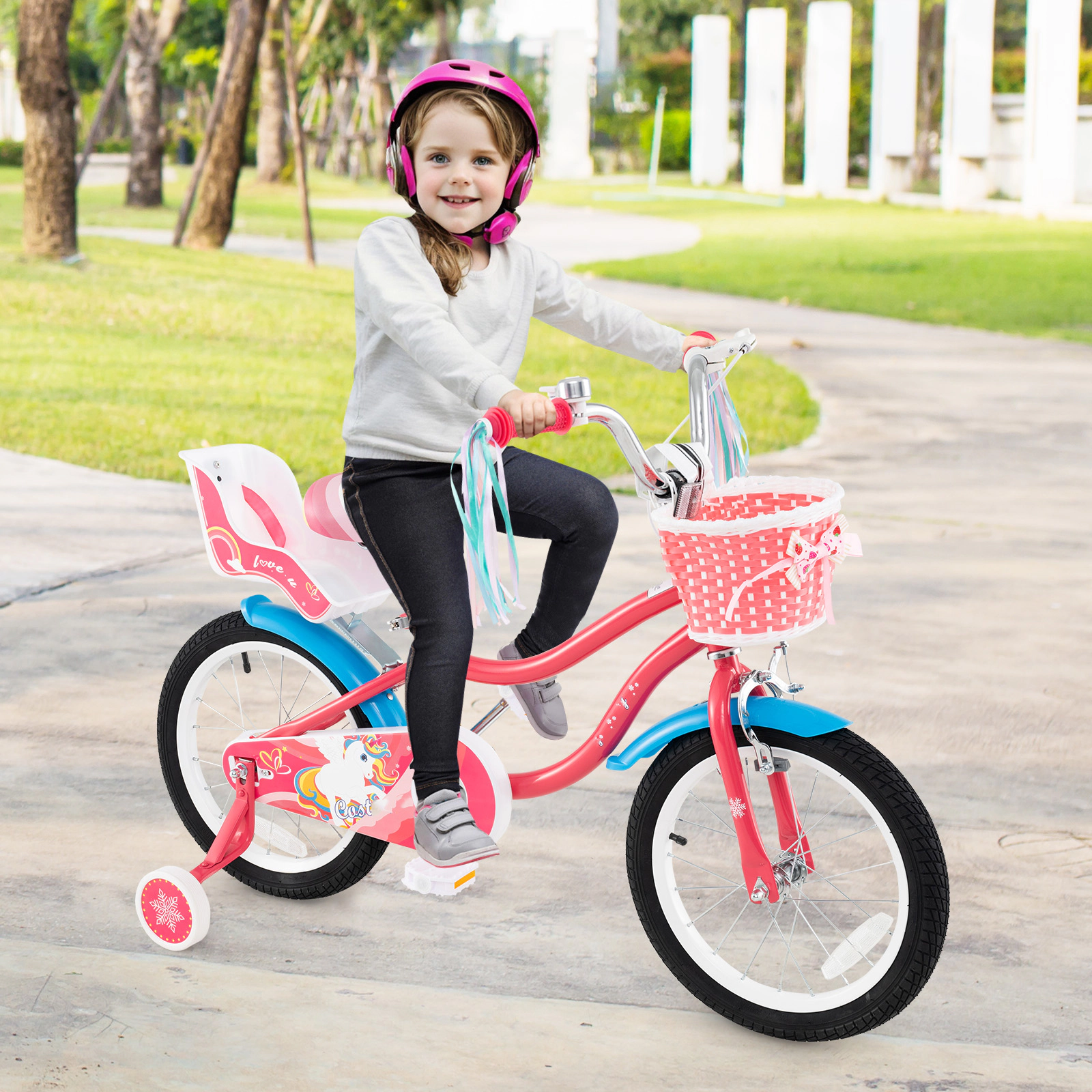SUGIFT 12-in Pink Girls Bike with Rear Doll Seat Front Basket Training Wheels and Chain Guard