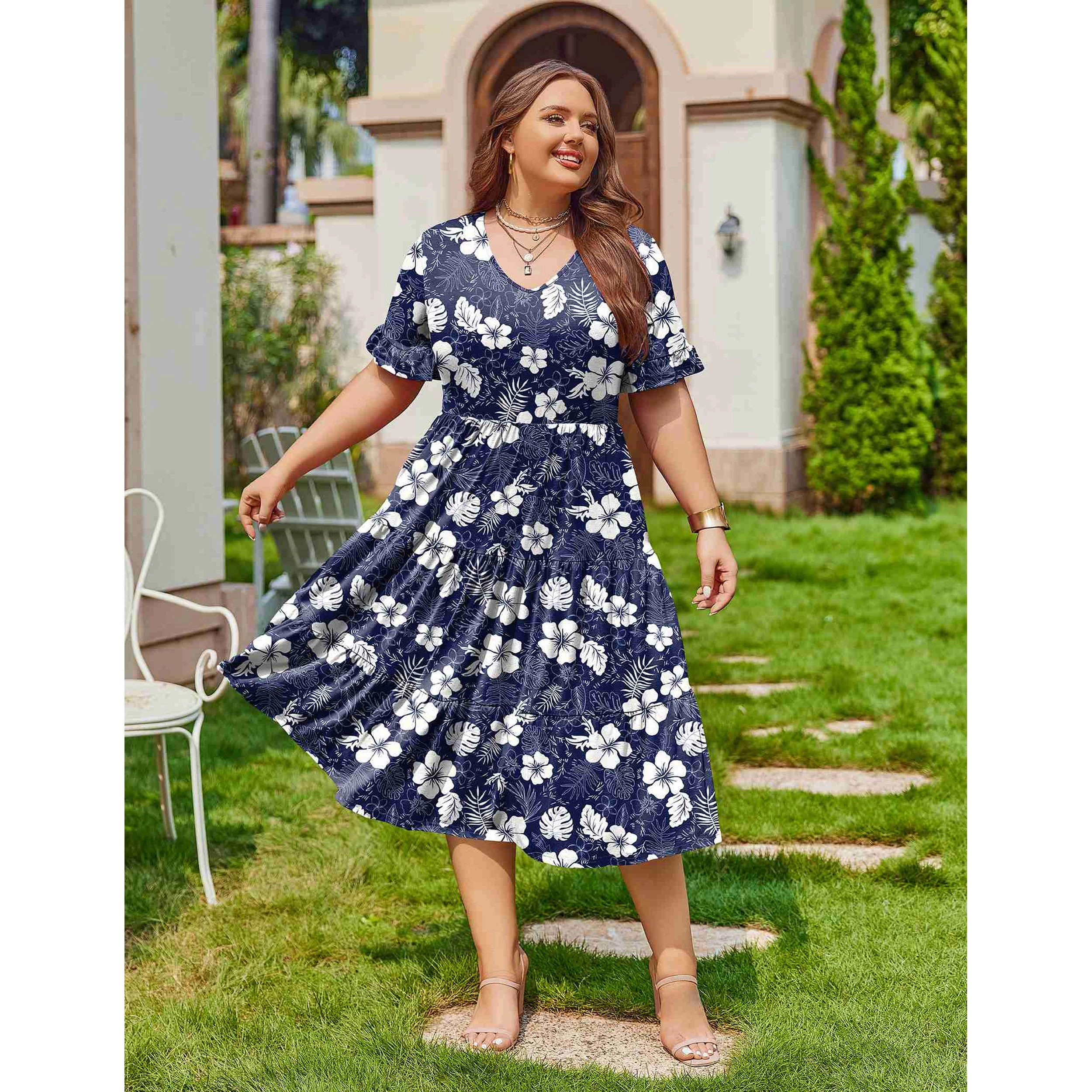 Zeagoo Women's V Neck Short Sleeve Midi Dress