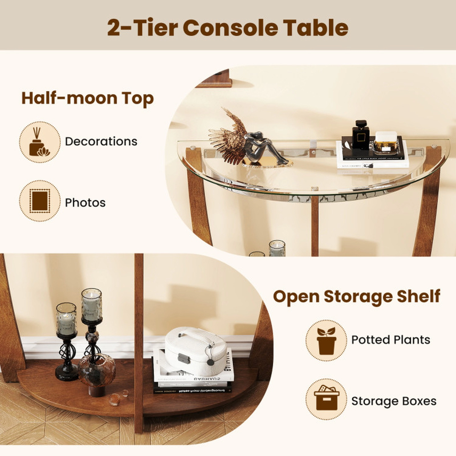 SUGIFT 2-tier Tempered Glass Console Table Half-Moon Top 300-lb Tabletop Capacity 200-lb Shelf Capacity Black/Walnut