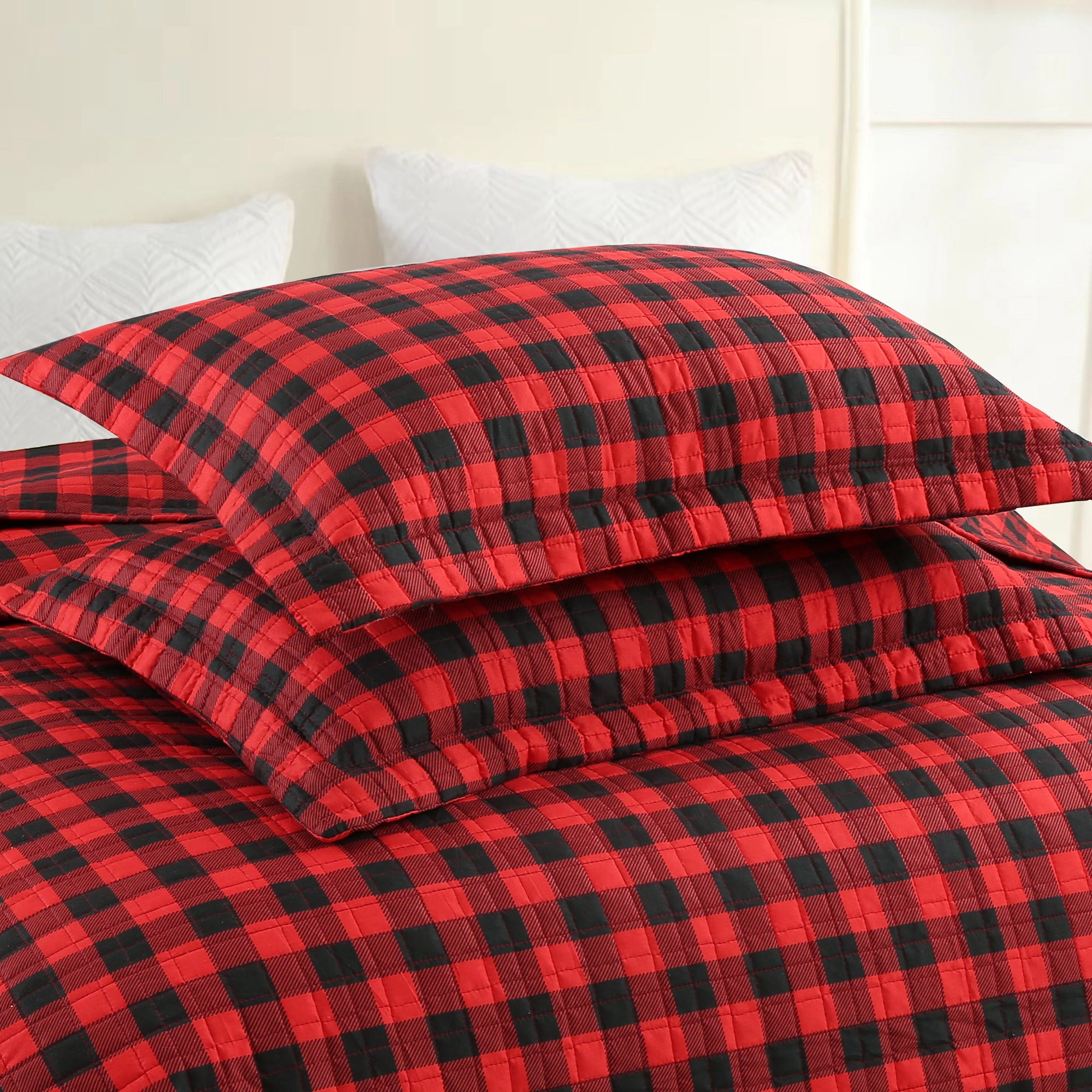 MarCielo 3 Piece Buffalo Plaid Christmas Quilt Set – Red Black Checkered Bedspread Set