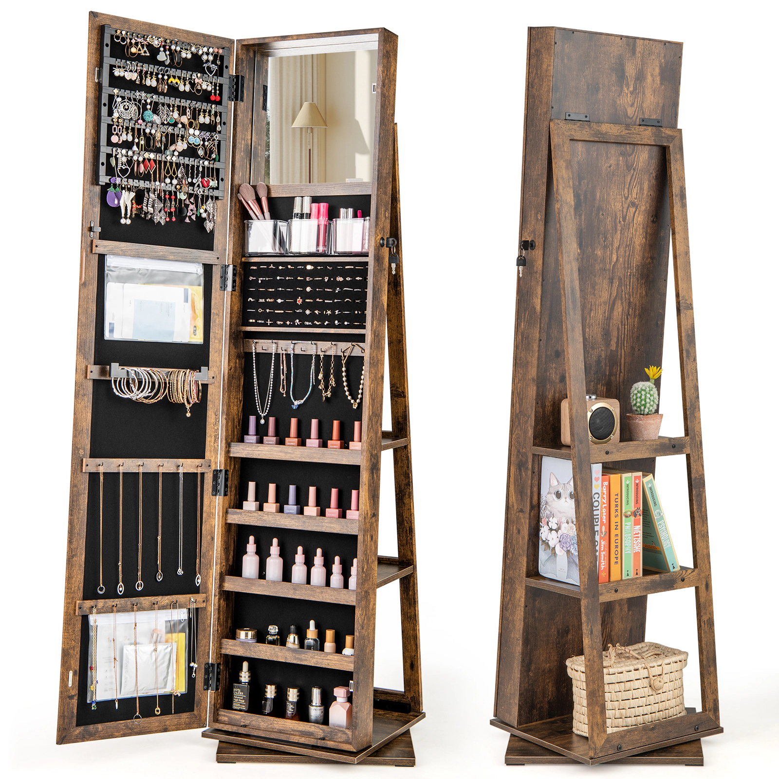 SUGIFT 360-Degree Swivel Jewelry Armoire Standing Organizer with Full-Length Mirror and Open Back Shelves
