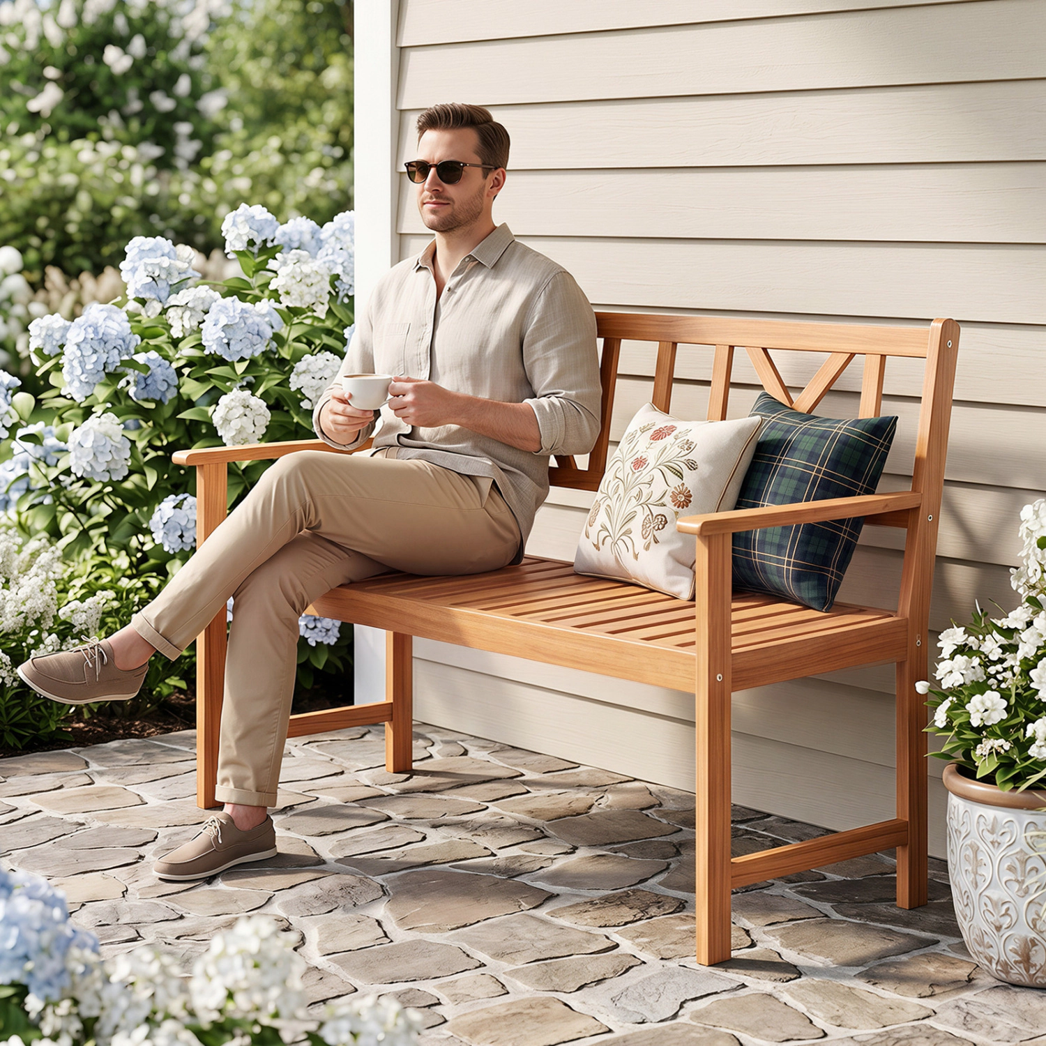 LJG 2-Person Patio Acacia Wood Garden Chair with Armrests and x-Shaped Backrest for Garden