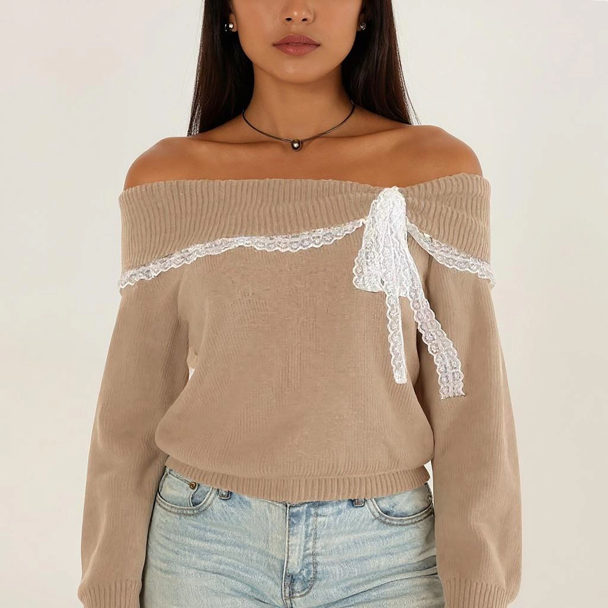 Anna-Kaci Women's Off Shoulder Knit Top with Lace Trim and Long Sleeves