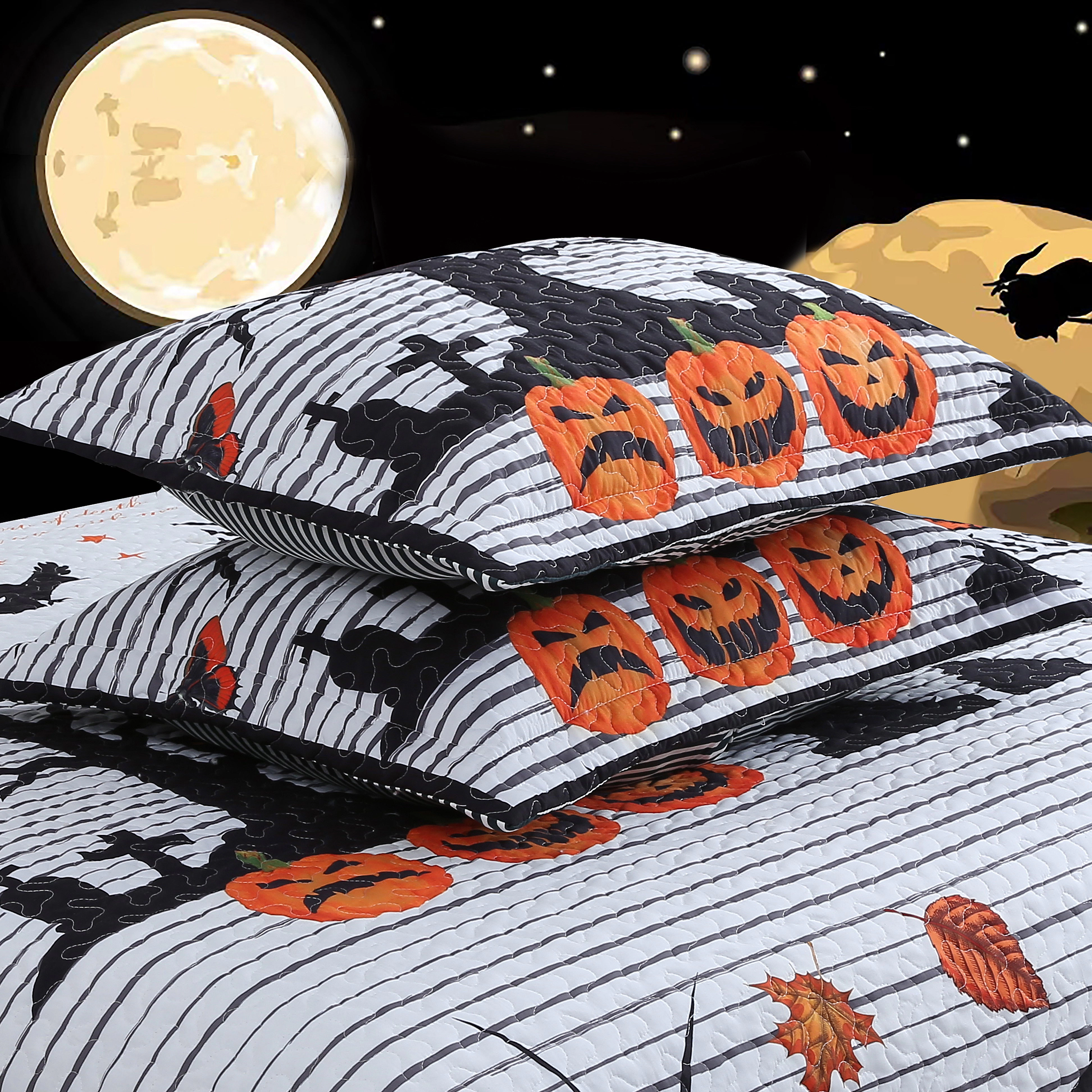 MarCielo 3 Piece Polyester Halloween Quilt Set – Pumpkin Haunted Night Bedspread