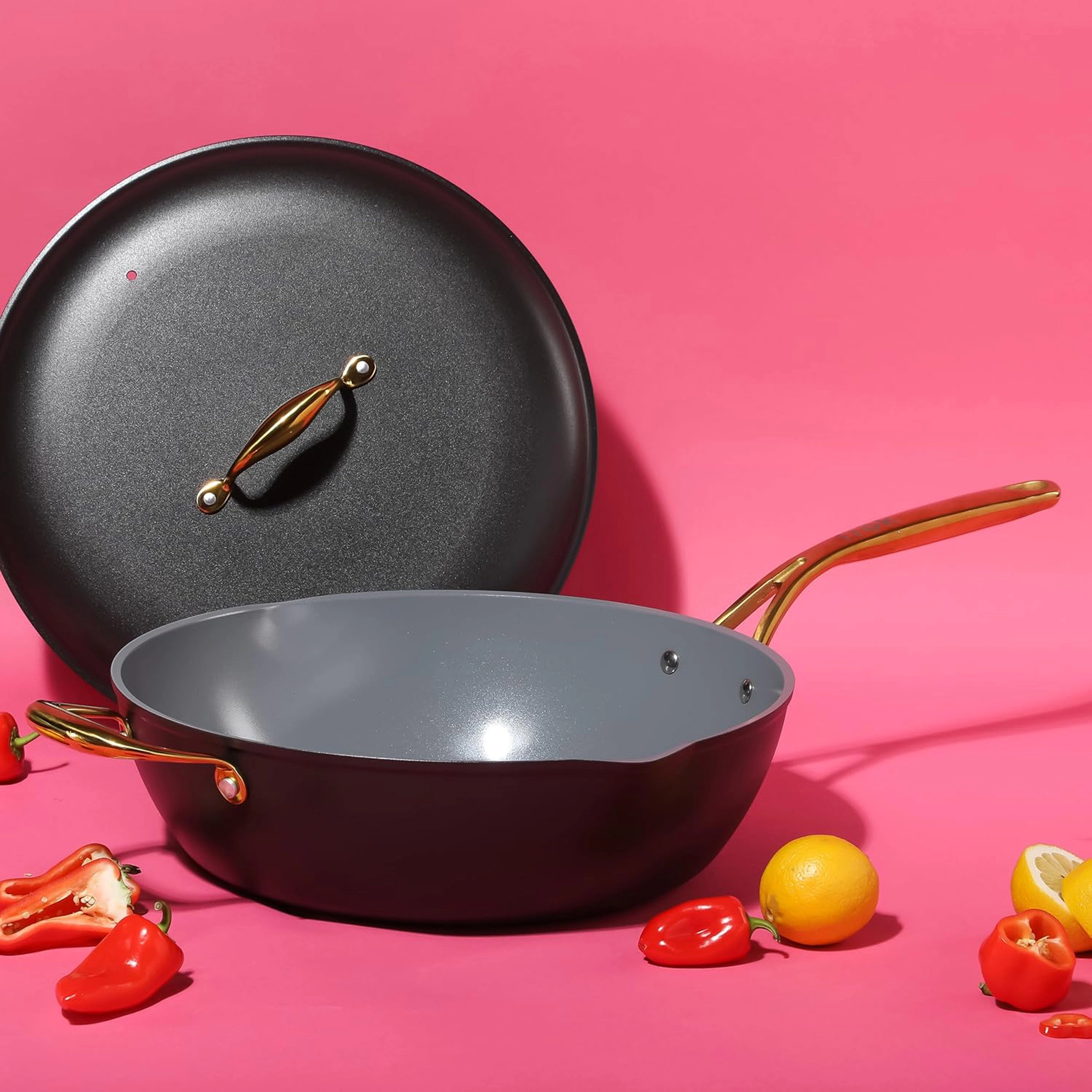 Frok 13 Inch Ceramic Nonstick Aluminum Frying Pan with Lid in Black with Gold Handles