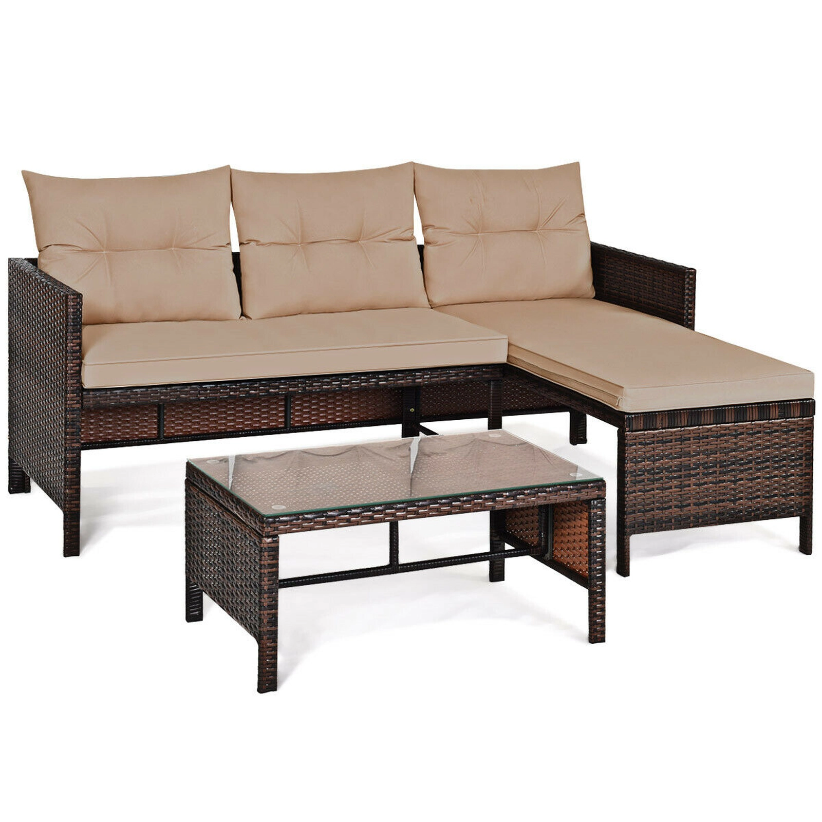 SUGIFT L-Shape Corner Lounge 3-Piece Patio Wicker Sectional Sofa Set