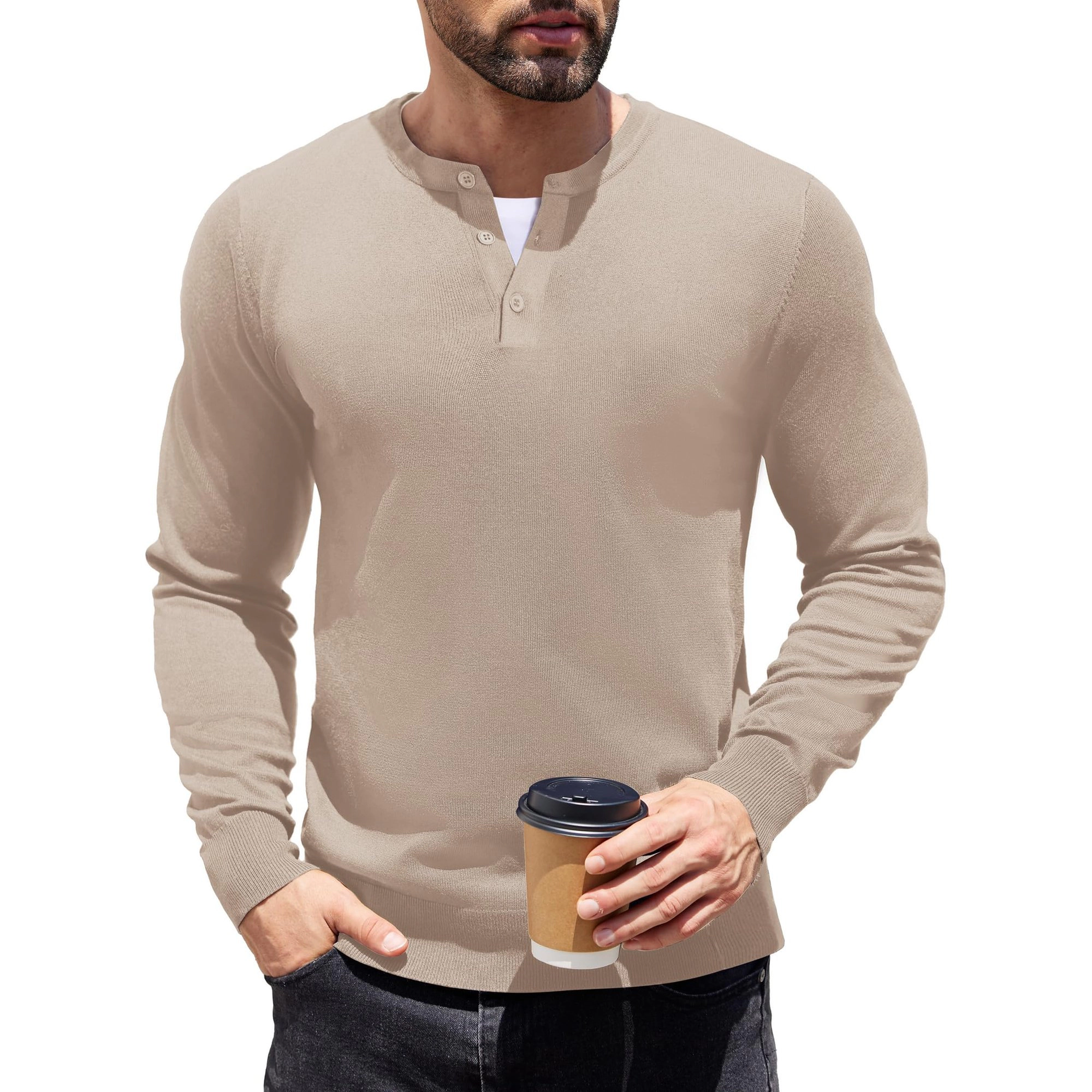 COOFANDY Mens Casual Long Sleeve Henley Sweater Fall Button Placket Pullover Tops