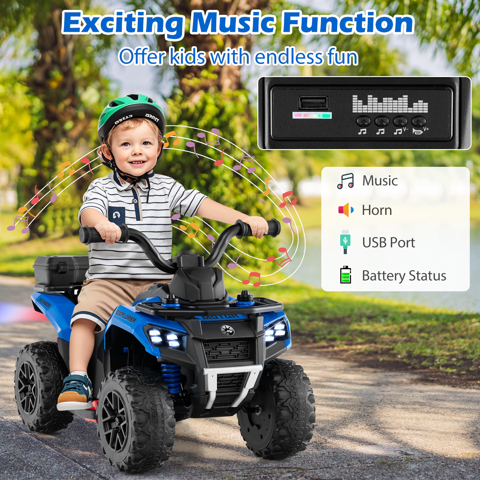 SUGIFT 6V Kids Ride On ATV with Spray Function and Storage Box 44-lb Capacity Ages 18 Months and Up 27-in Body Blue