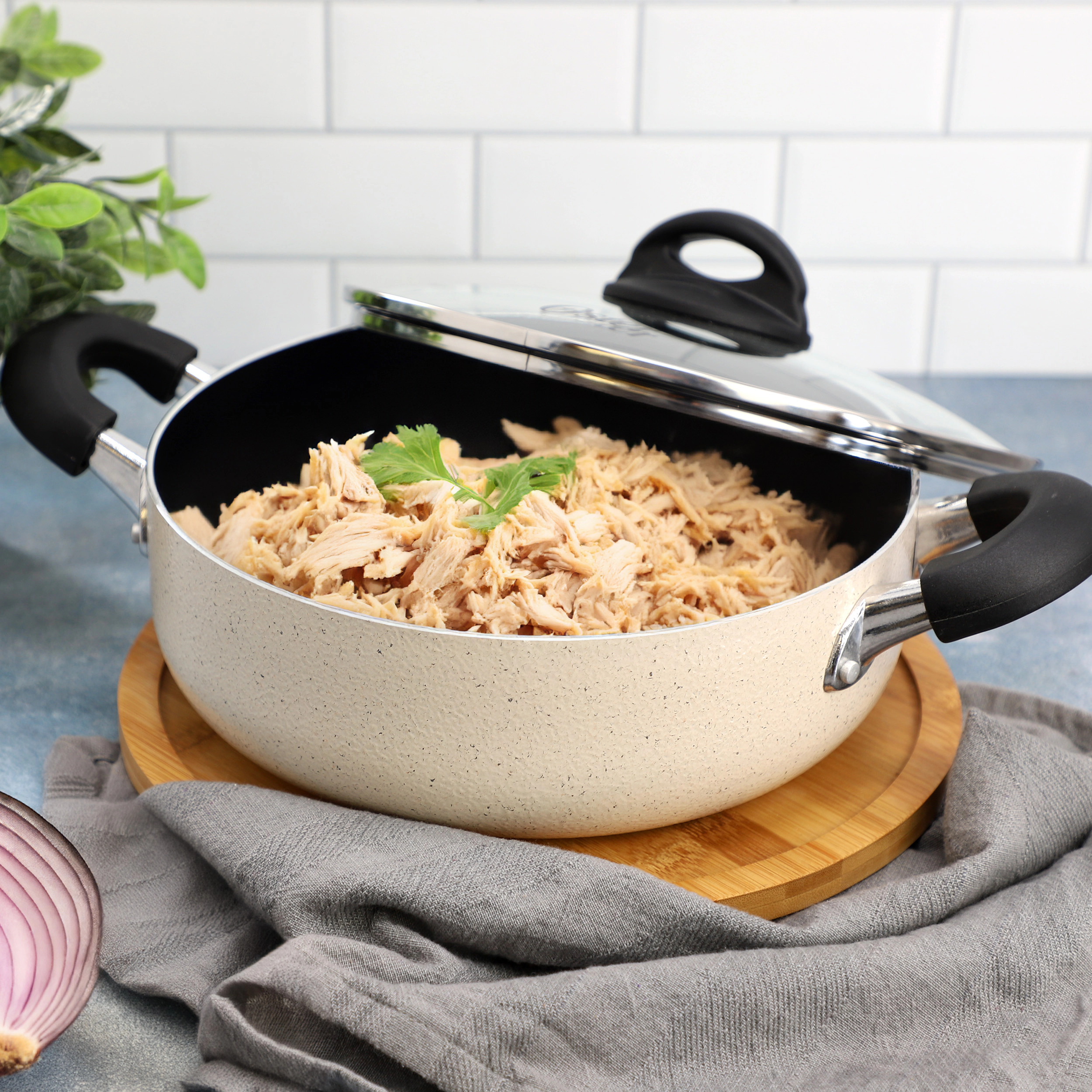 Oster Clairborne 3.6 Quart Nonstick Aluminum Caldero with Lid in Linen