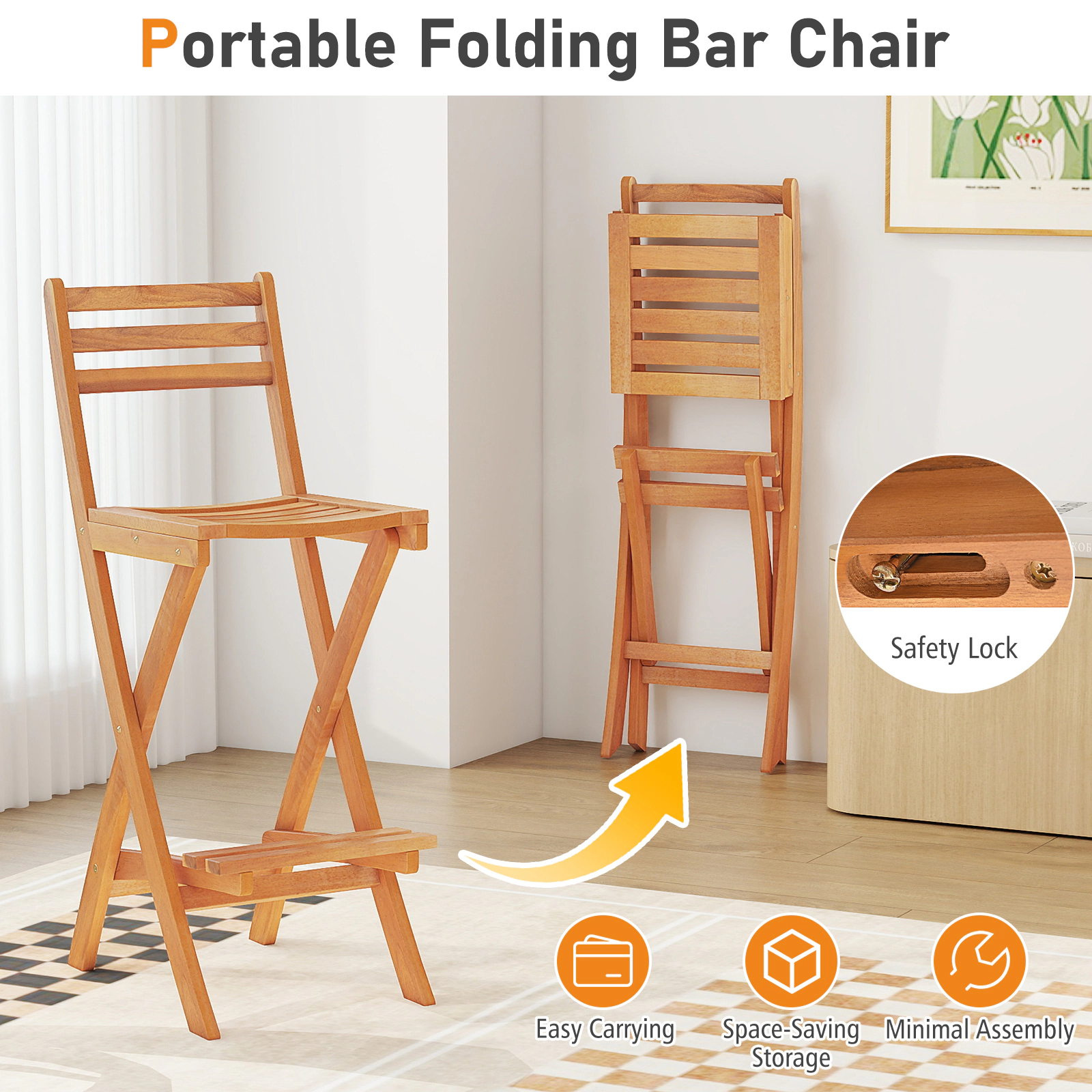 SUGIFT Folding Bar Height Patio Chair with Backrest and Footrest 400-lb Capacity Natural